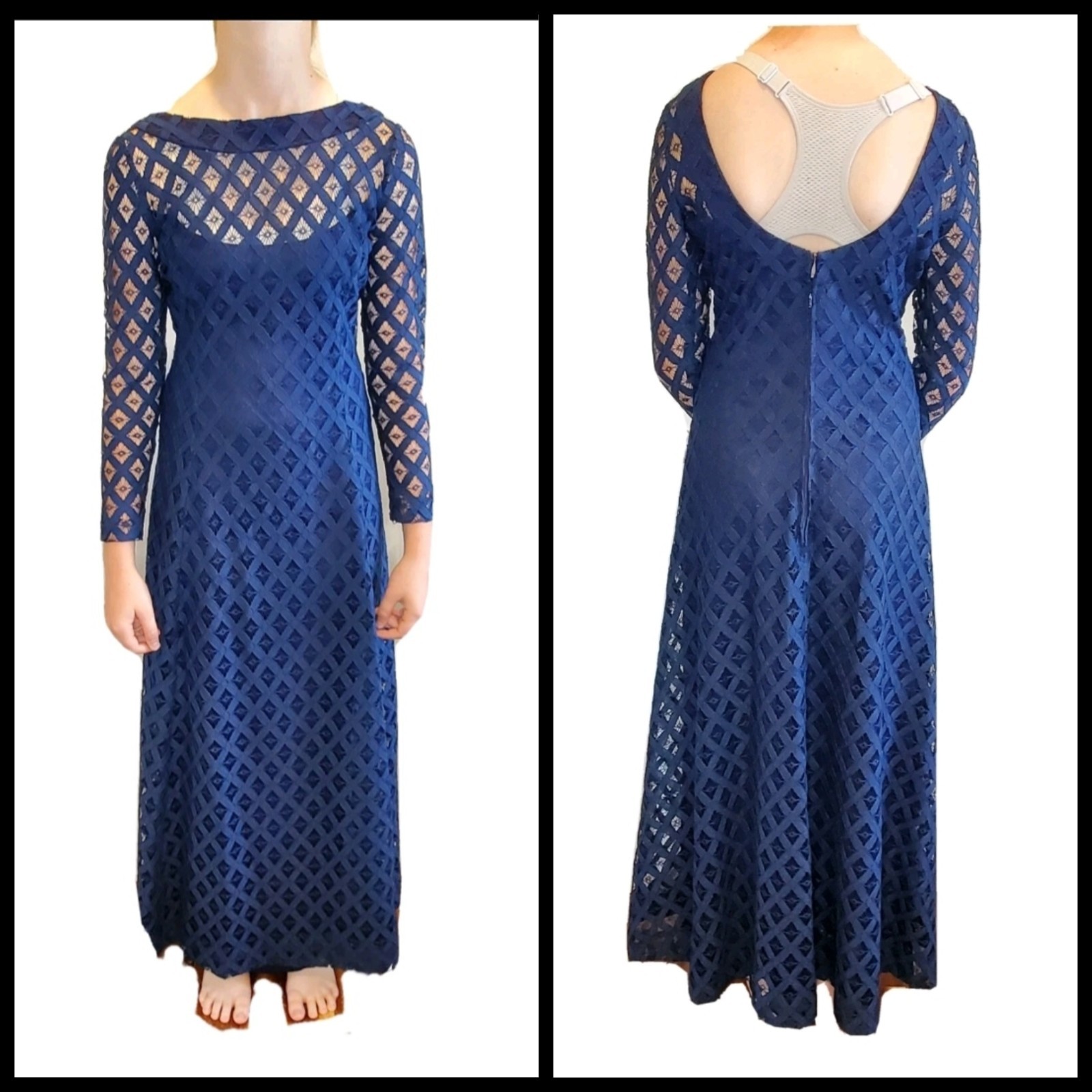 60s Maxi Lace Formal Dress Royal Blue Long Sleeve Sz Small Floor Length Mod