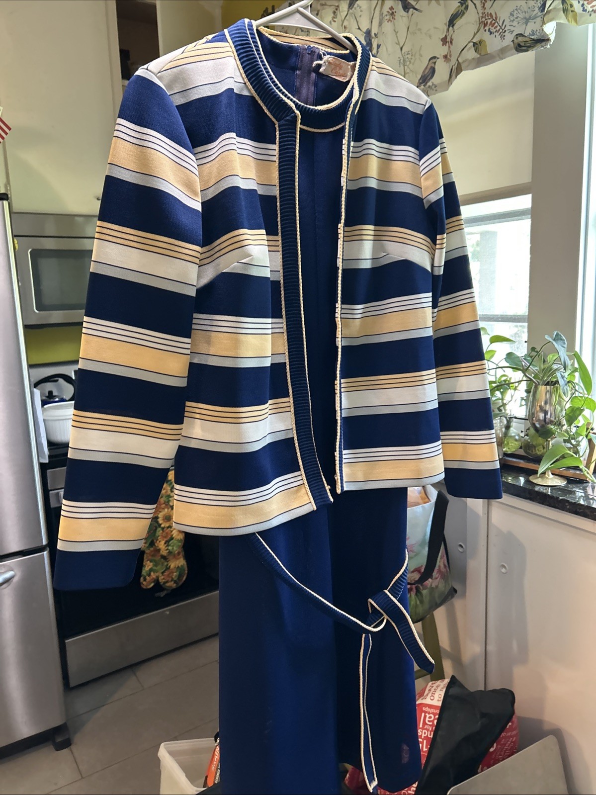 Vtg Lady Carol of New York 2 Pc Navy Knit Dress With Belt & Open Striped Jacket