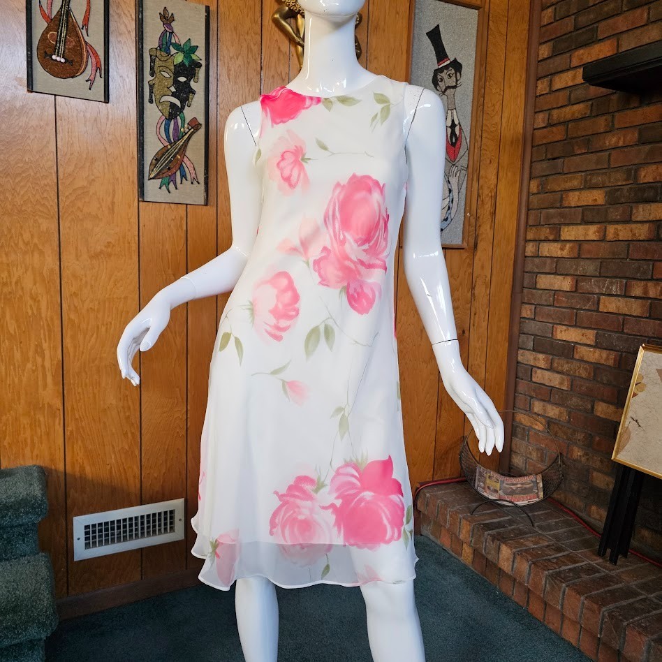 Vtg 90s Y2K Romantic Preppy Grunge Spring Fairy Chiffon Floral Slip Dress S/M