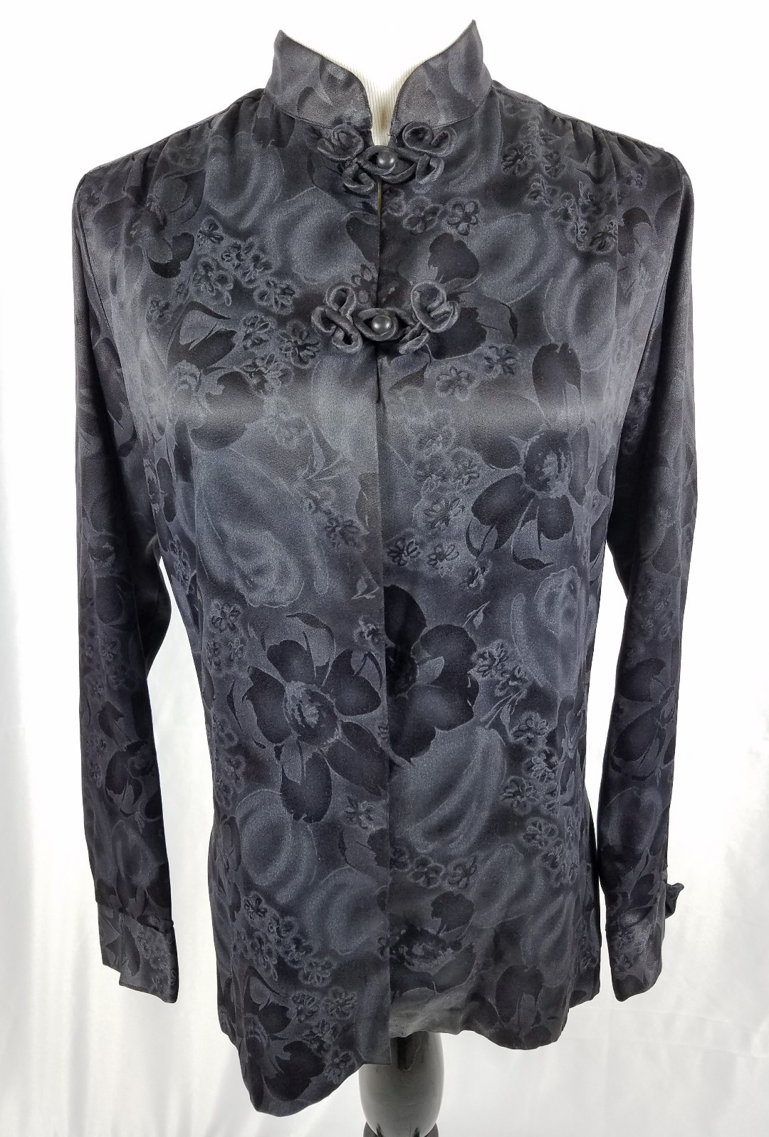Vintage Alice Stuart Jonathan Logan Shirt Asian Black Satin Floral Frog Clasp
