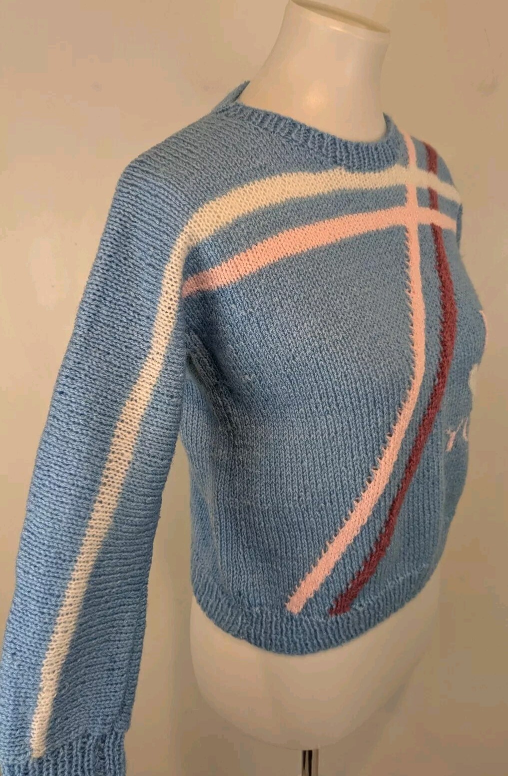 Vtg Handmade Wool Sweater I Love You OOAK Jrs Womens XS S Petite Blue Handknit