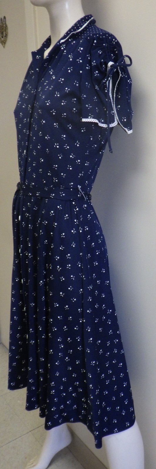 Vintage 70s 80s Boho Blue Shirtdress S Button Up Cap Sleeve Fit Flare Retro