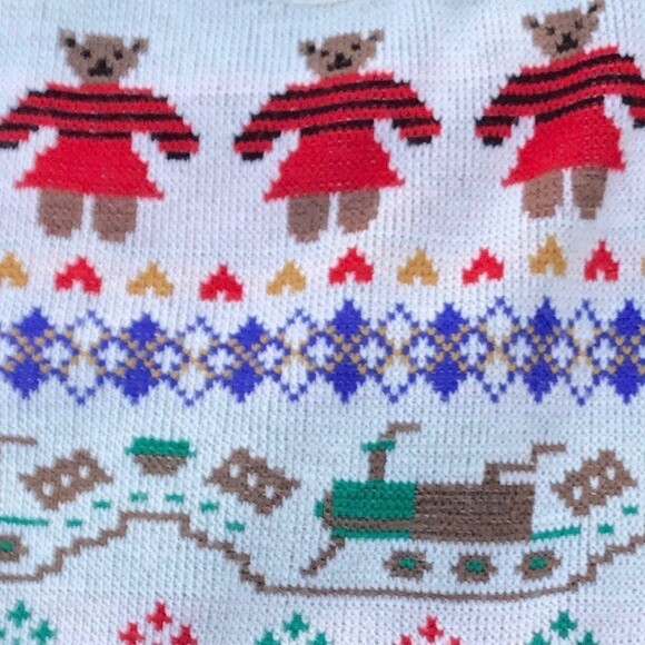 Vintage Gino Calini Long Acrylic Wool Sweater with Teddy Bears and Trains