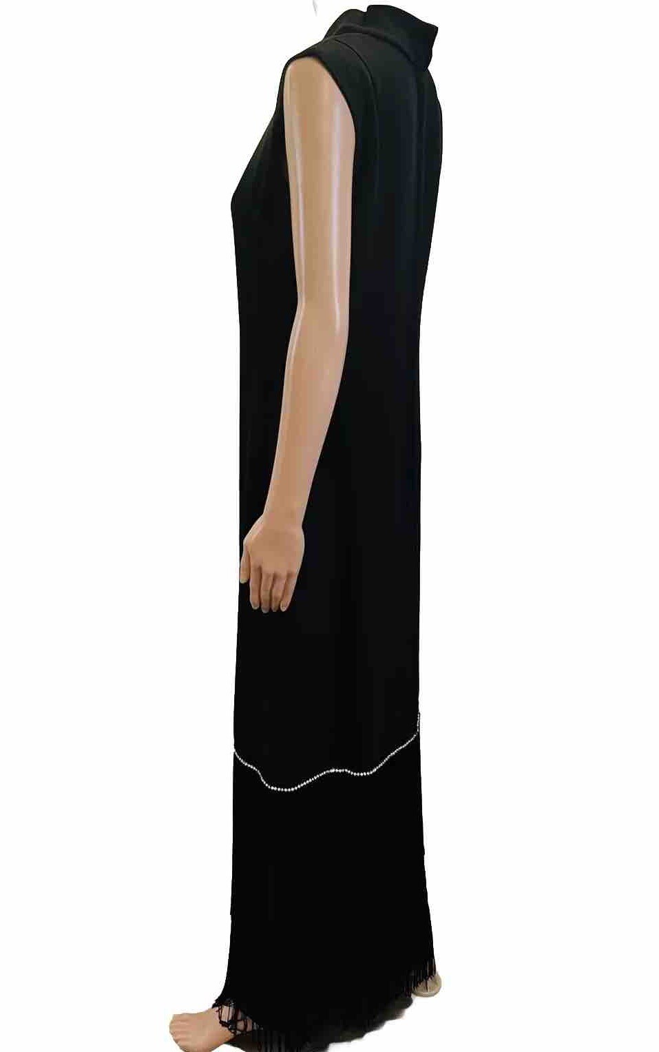 VTG 1960s Pavillon Design Black Evening Gown Maxi Dress Fringe & Rhinestones M*