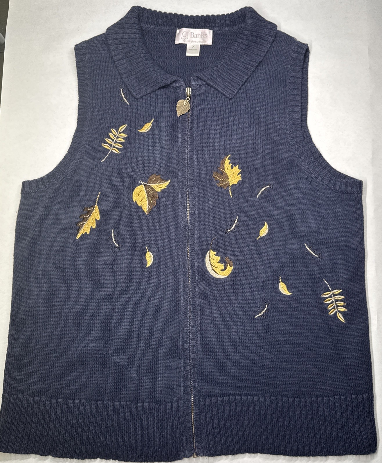 C.J. Banks Leaf Embroidered Zip Vest Blue Nature Cottagecore Size X Cotton Ramie