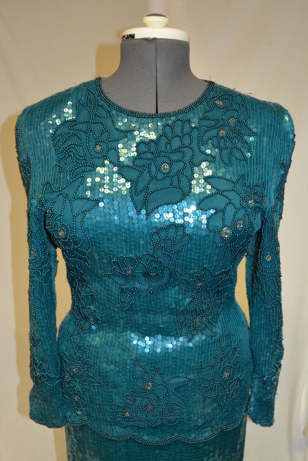 Eve’s Allure Vintage 80s Teal Silk Sequin 2 Piece Prom Party Formal Dress sz L