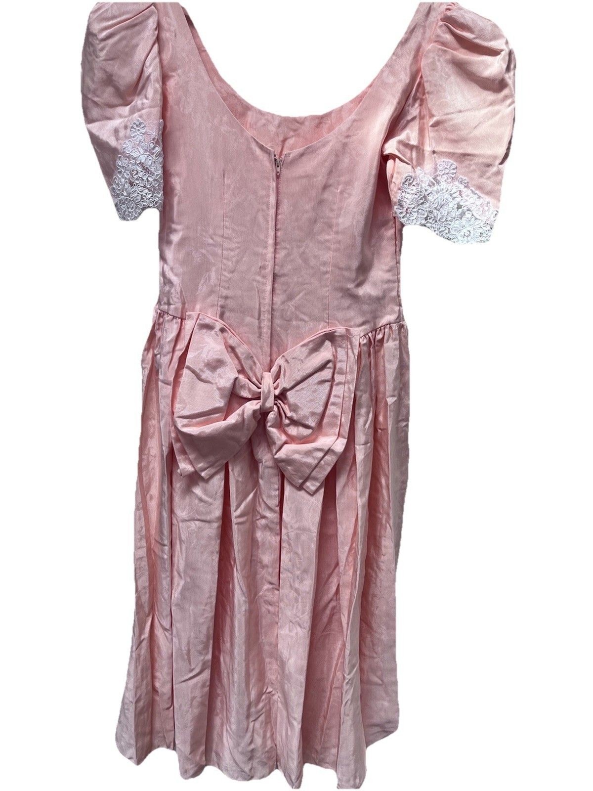 Vtg 80s Peach Taffeta Satin Dress Puff Sleeve Lace Prom Formal Large Back Bow M