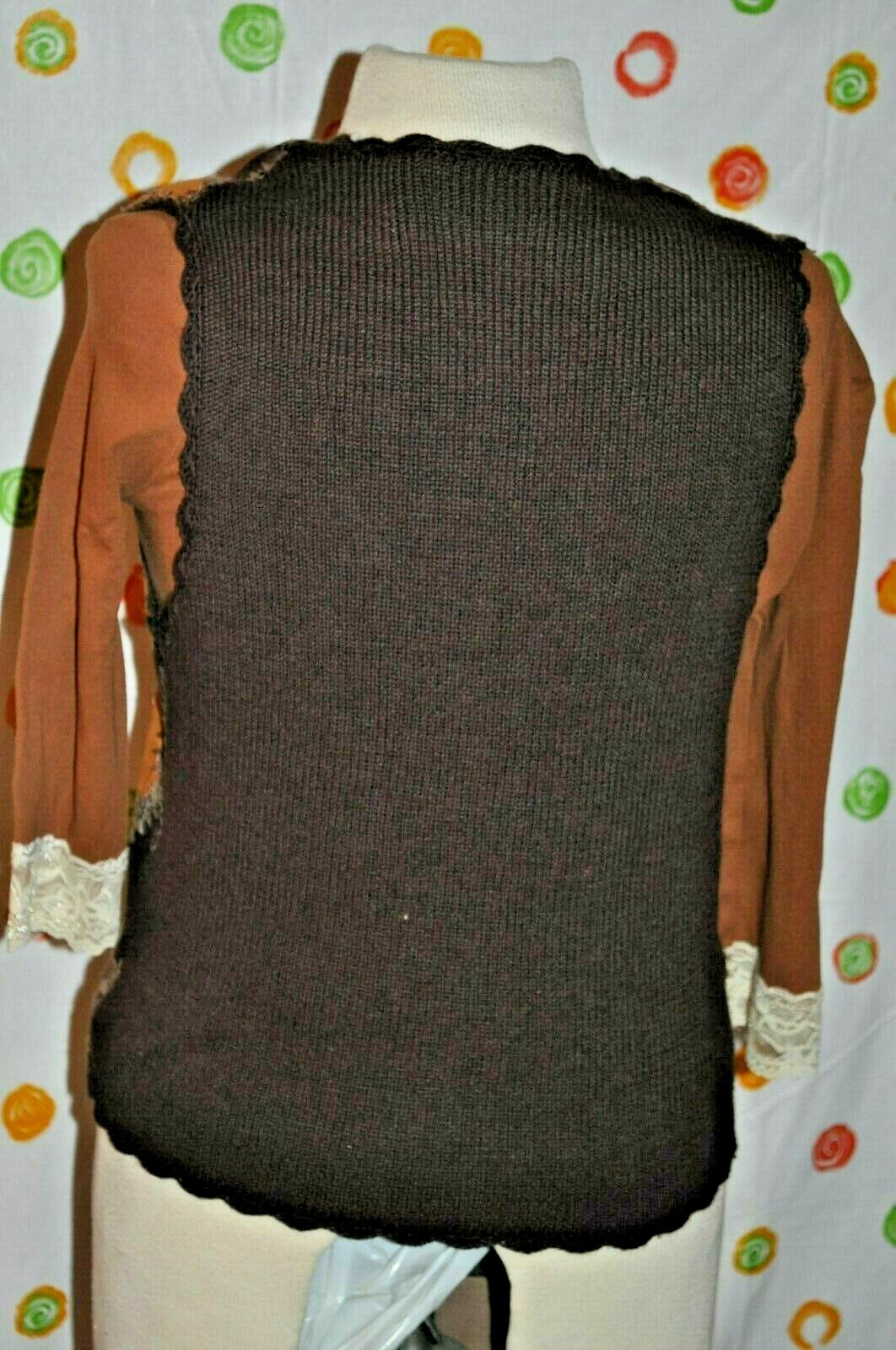 VINTAGE 2 pc Women`s M STUDIO Leather Knit Sweater VEST & Brown BOHO Hippie TOP