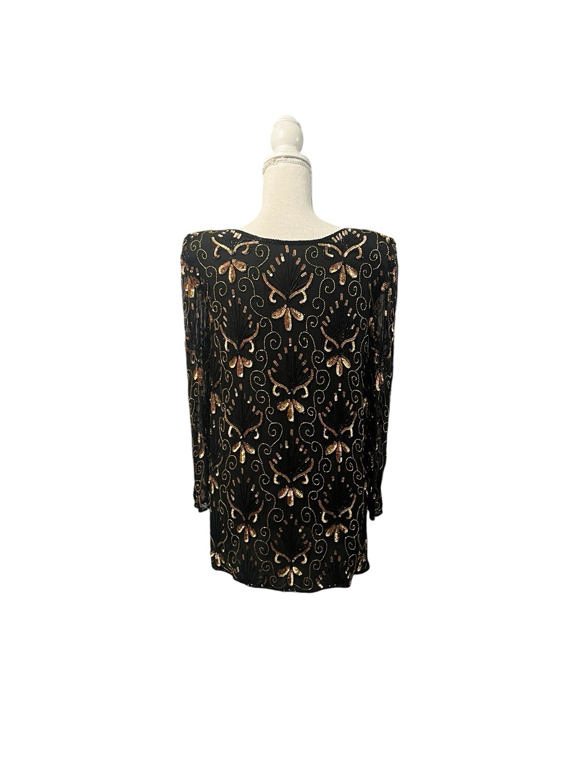 Stenay Vintage 80s Beaded Sequined Blouse 100% Silk Chiffon Sleeves S Party