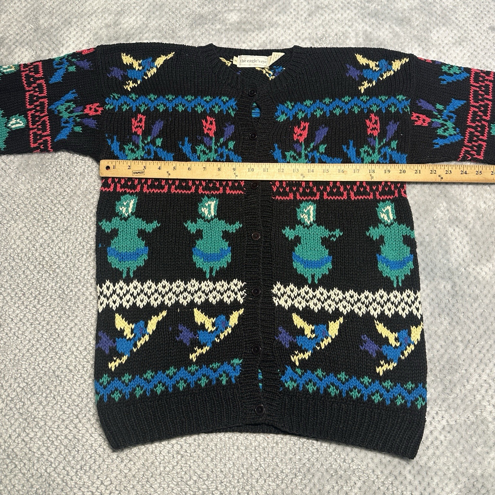 Vintage The Eagle’s Eye Chunky Cardigan Knit Sweater Medium Black Neon Flowers