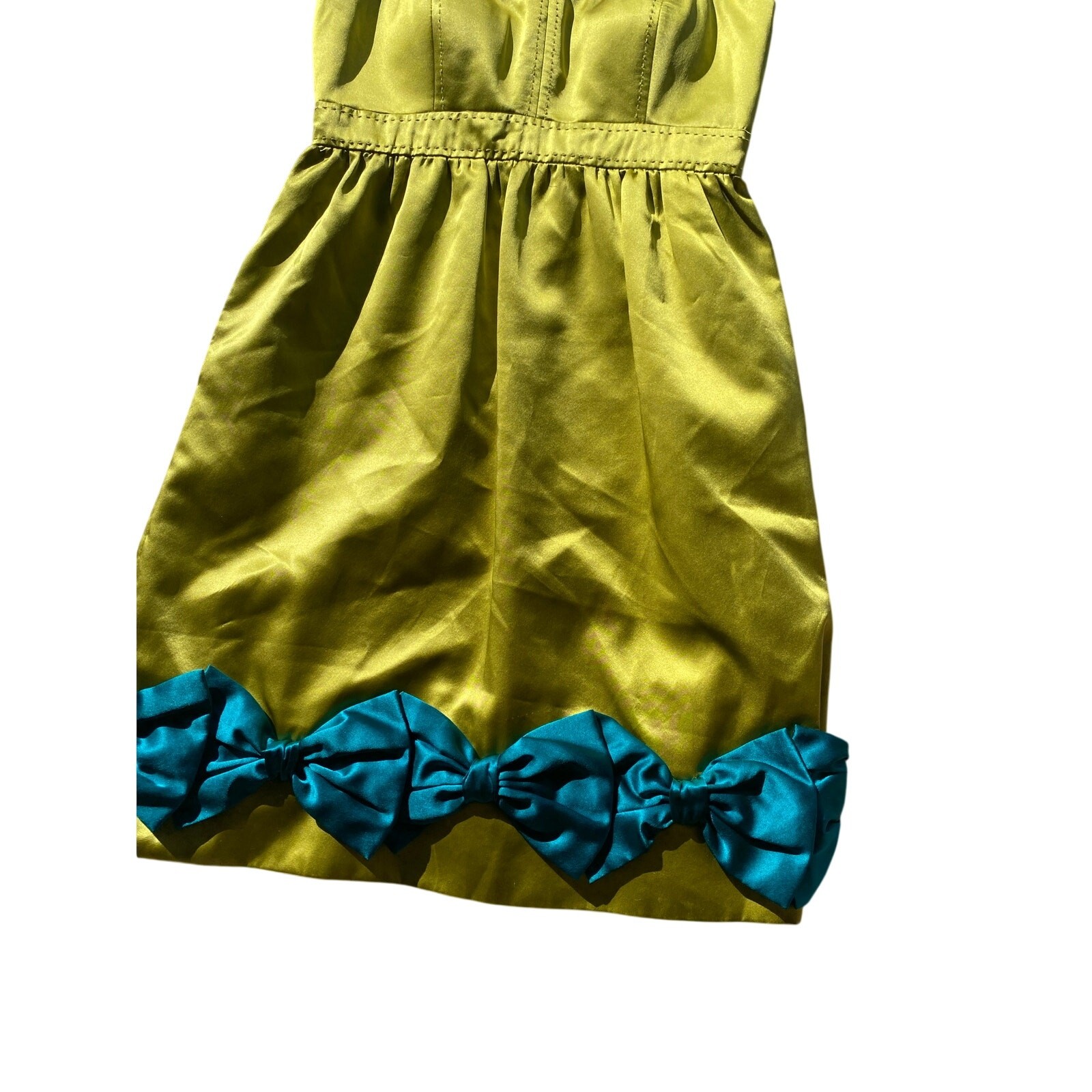 Y2k Chartreuse Green Silk Mini Dress Preppy Phoebe Couture Blue Bow Bratz Doll