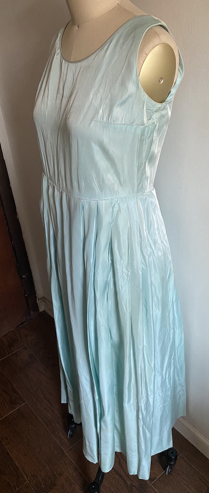 Vintage Pale Blue Dress Handmade Sleeveless Pleats Back Zipper 50” Maxi Large?