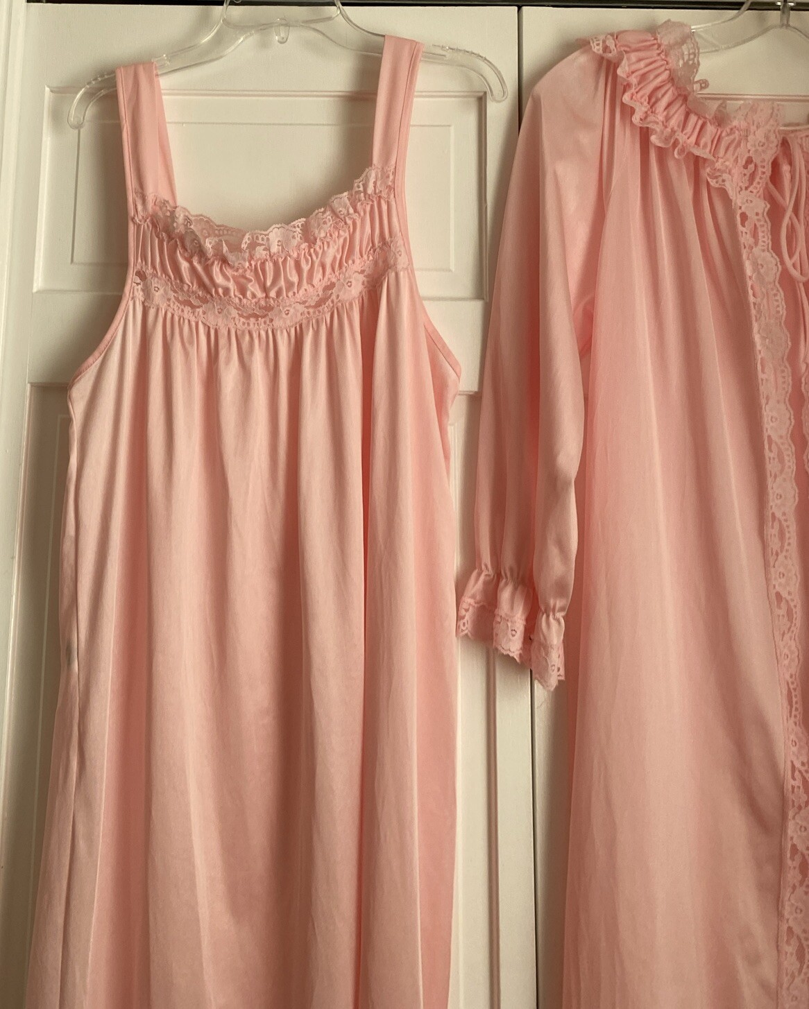 Vintage Glencraft Nylon w/ Lace Peignoir SET Long Nightgown Robe Lingerie Medium