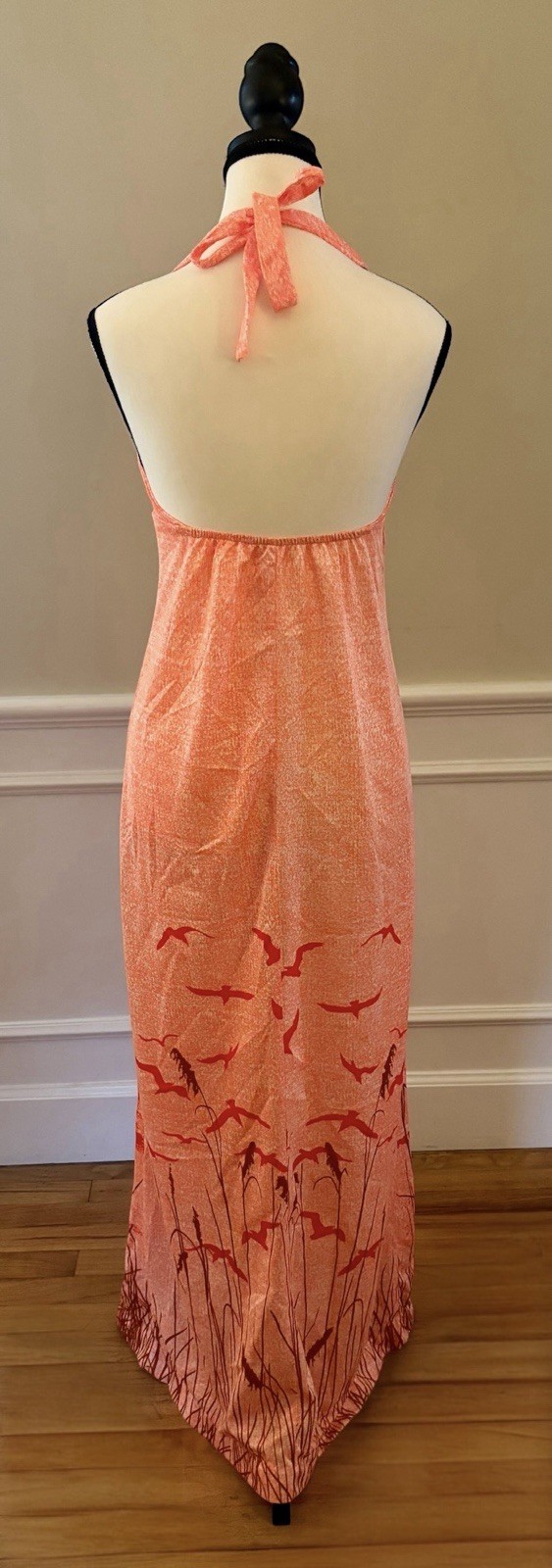 High Tide 1970s Orange Nylon Sunset Print Halter Maxi Dress Size 11/12