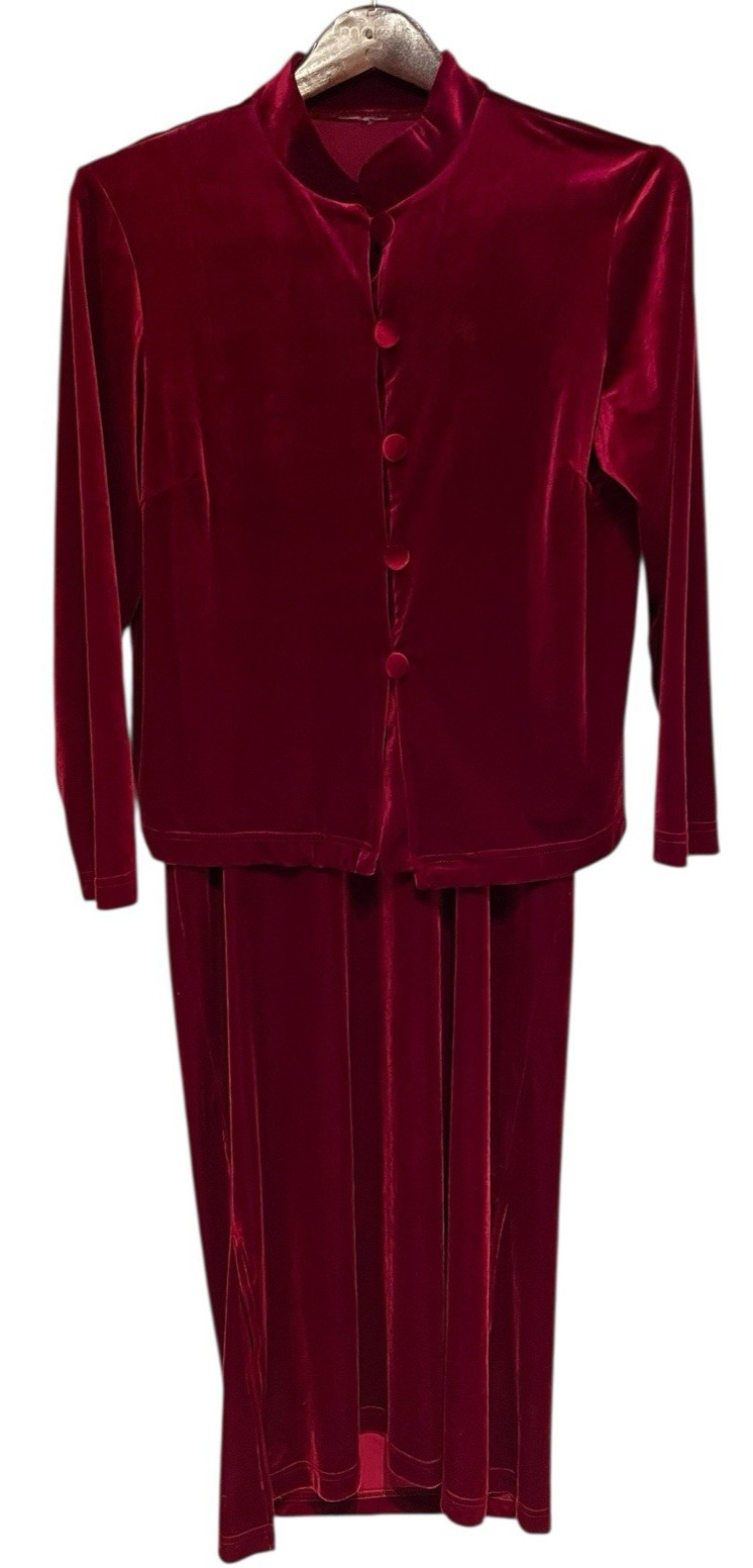 Vintage Maxi Floor Length Burgundy Red Velvet A Line Dress w/ Jacket No Size Tag
