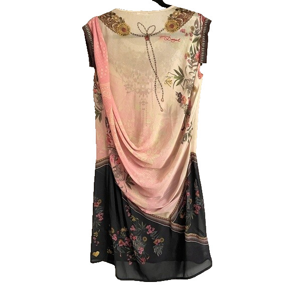 Desigual Elo Sheer Floral Chiffon Flapper Bejeweled Neckline Knee Dress – Small