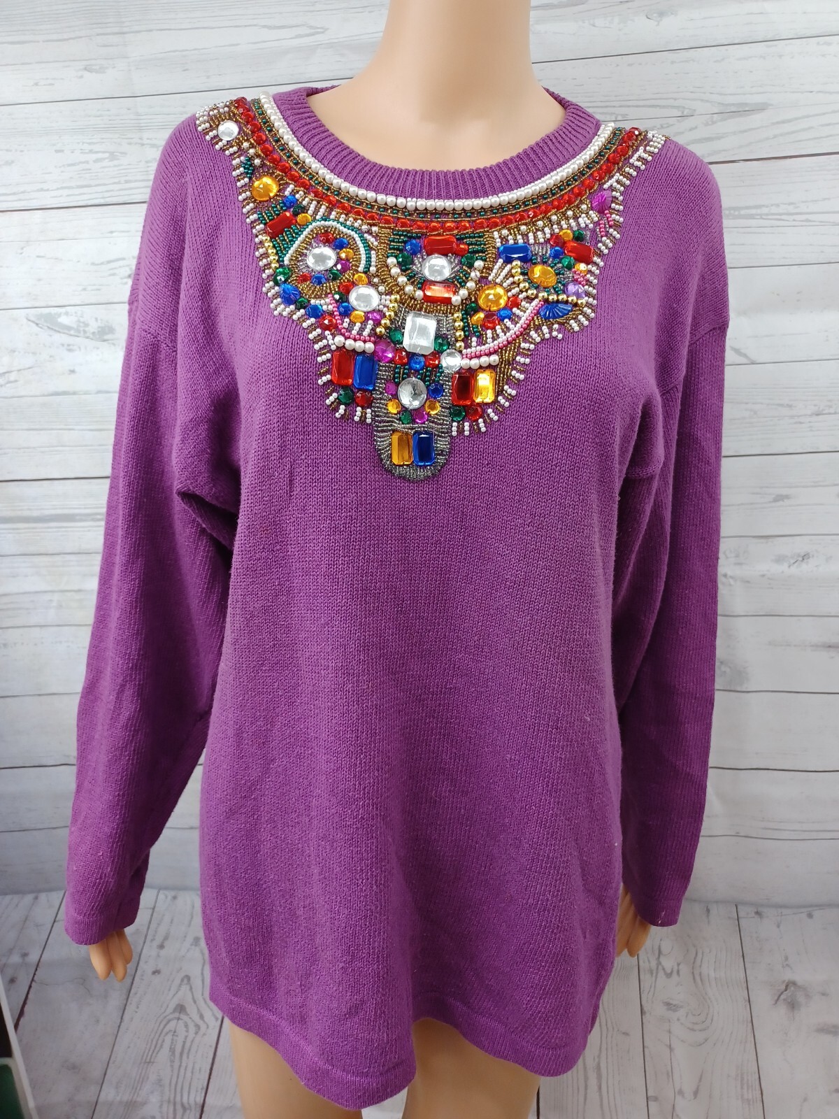 Vtg Victoria Harbour Purple Beaded Gold Sweater Embellished Size M