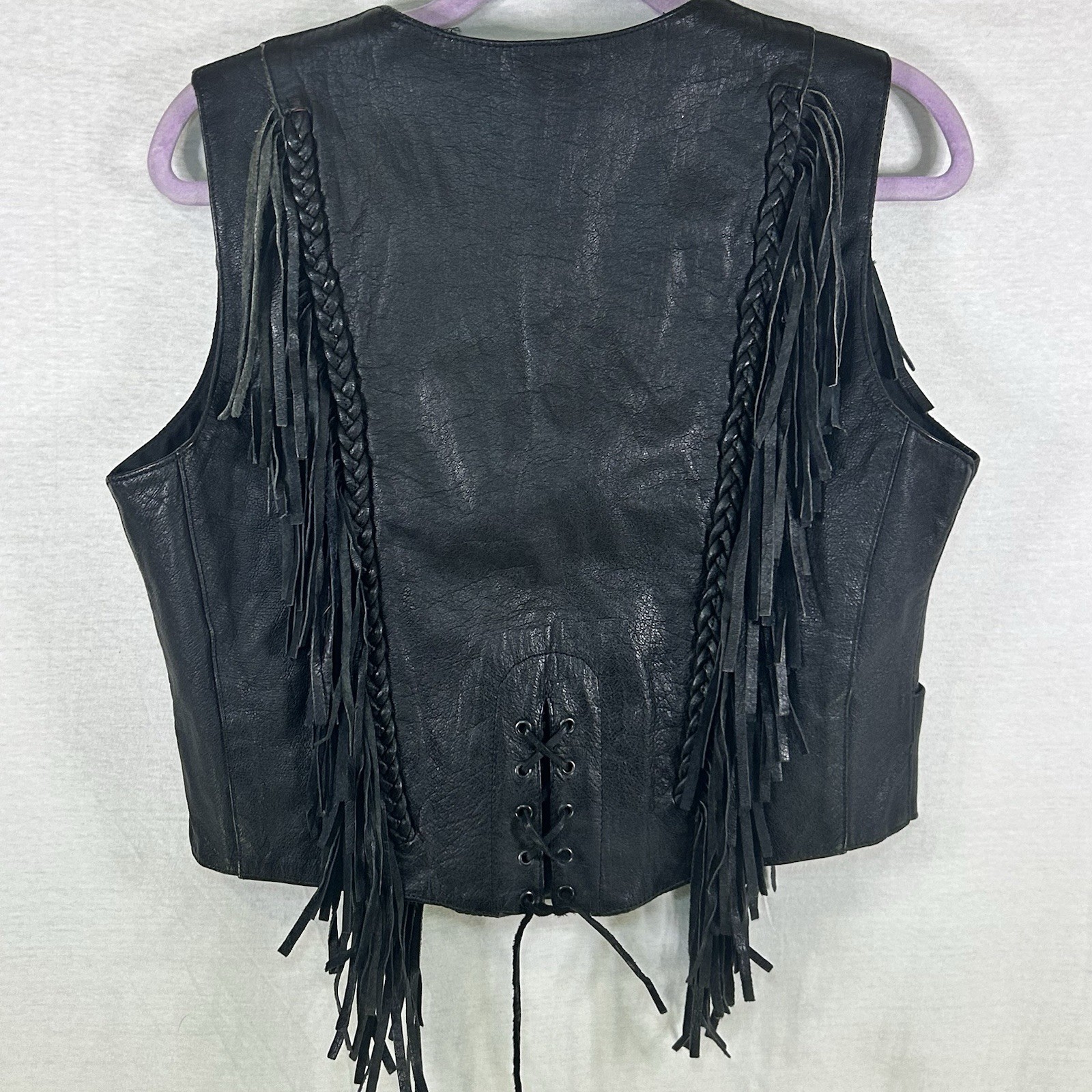 Vintage MOB Genuine Black Leather Motorcycle Vest Womens Medium Tassels Biker