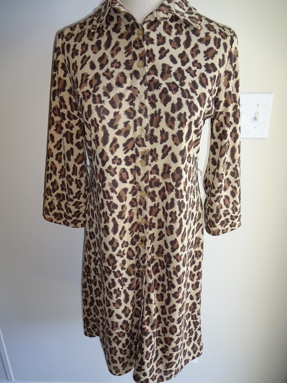 Vintage Womens Express World Brand Dress 7 8 Brown Animal Leopard Print Korea