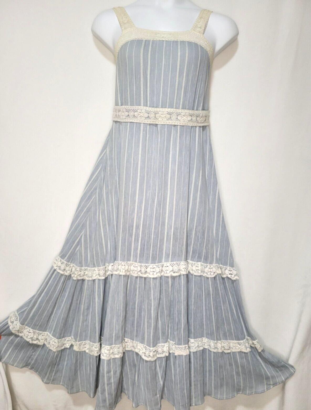 VTG 70’s Blue Tiered Prairie Maxi Dress Trivia By Charm Cottage See Measurements