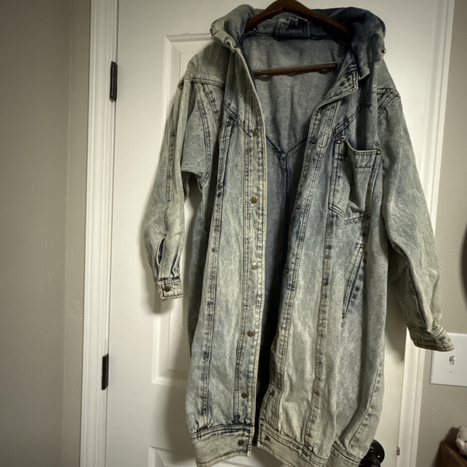 VTG ANDY JOHNS Long Denim Jacket Coat Large Hooded Grunge 90s 80s Light Wash