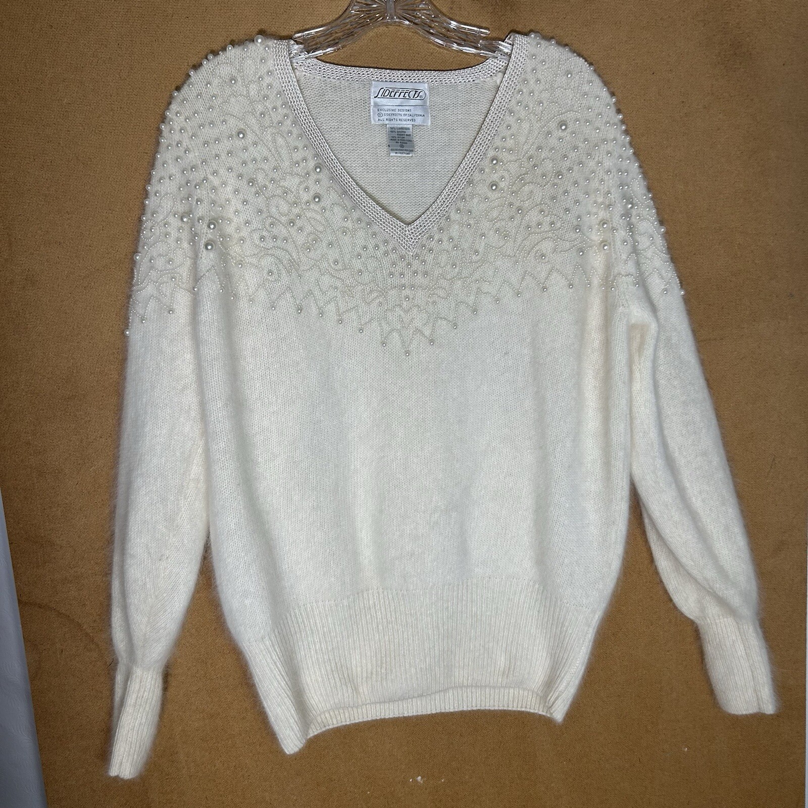 Vintage 80s Side Effects Beaded Ivory Wool Angora Rabbit Hair Sweater Sz M