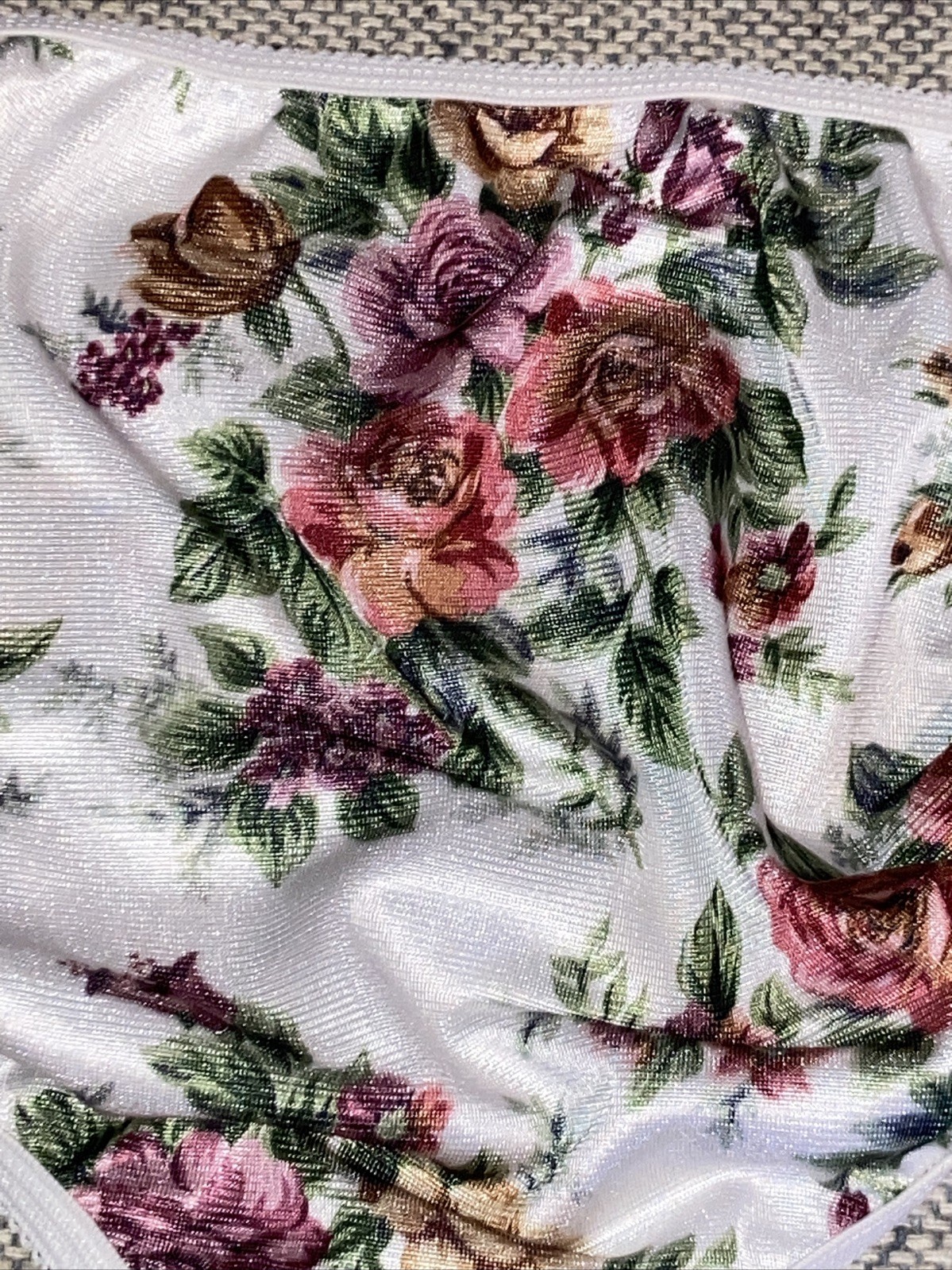 Vintage Petra Rose Garden Print Nylon Satin White Pink Green Panties