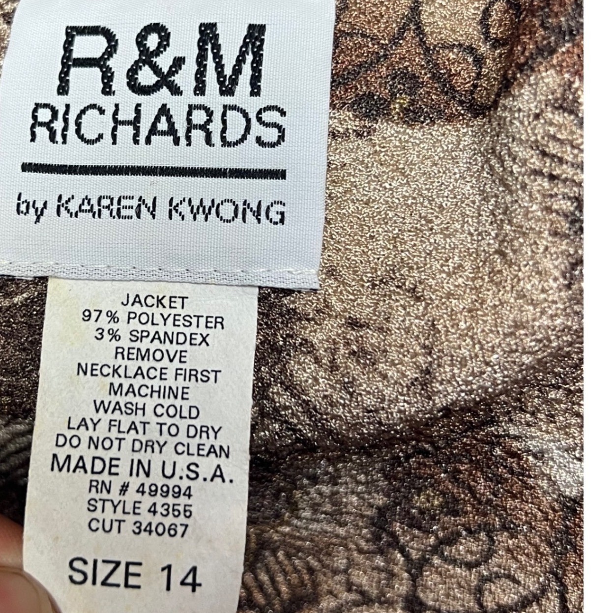 R&M Richards Jacket Tank Set 14 Mocha Brown Batik Floral Necklace Shoulder Pads