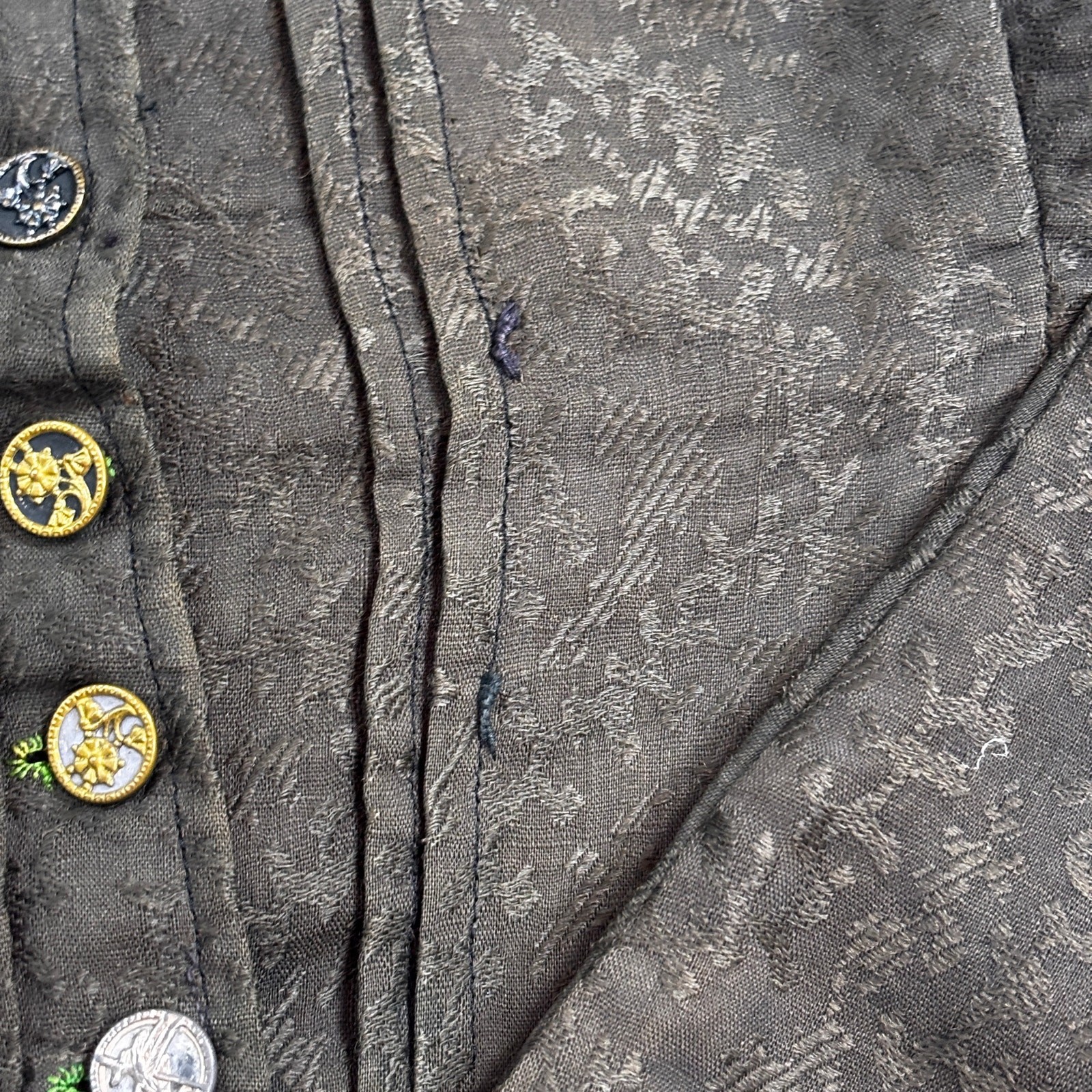 Antique Edwardian Moss Green Jacquard Wool Jacket Blouse Lace Floral Buttons