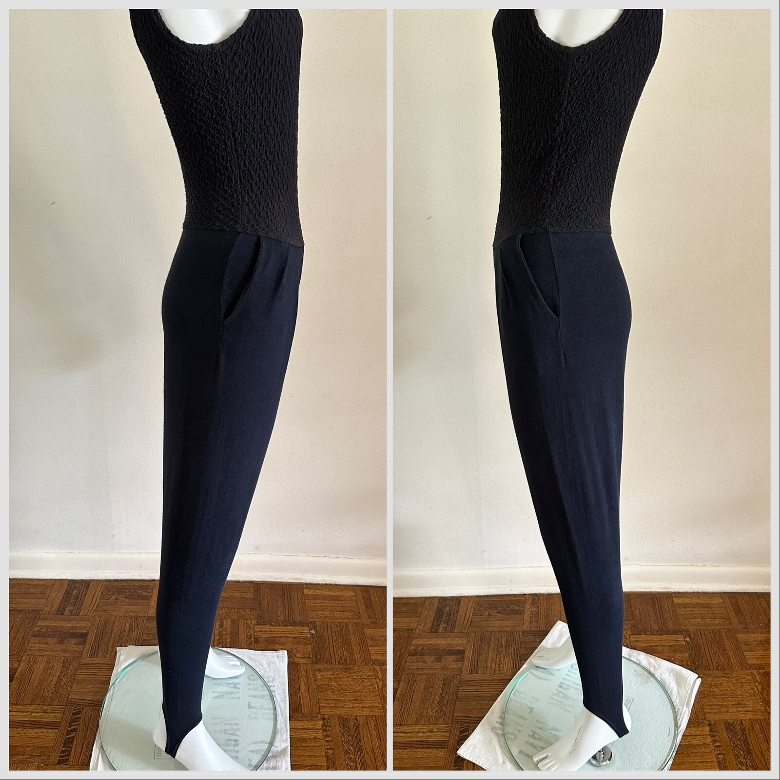 1990s Bettina Riedel NY Stirrup Pant Jumpsuit Romper Pleated Black Catsuit S VTG