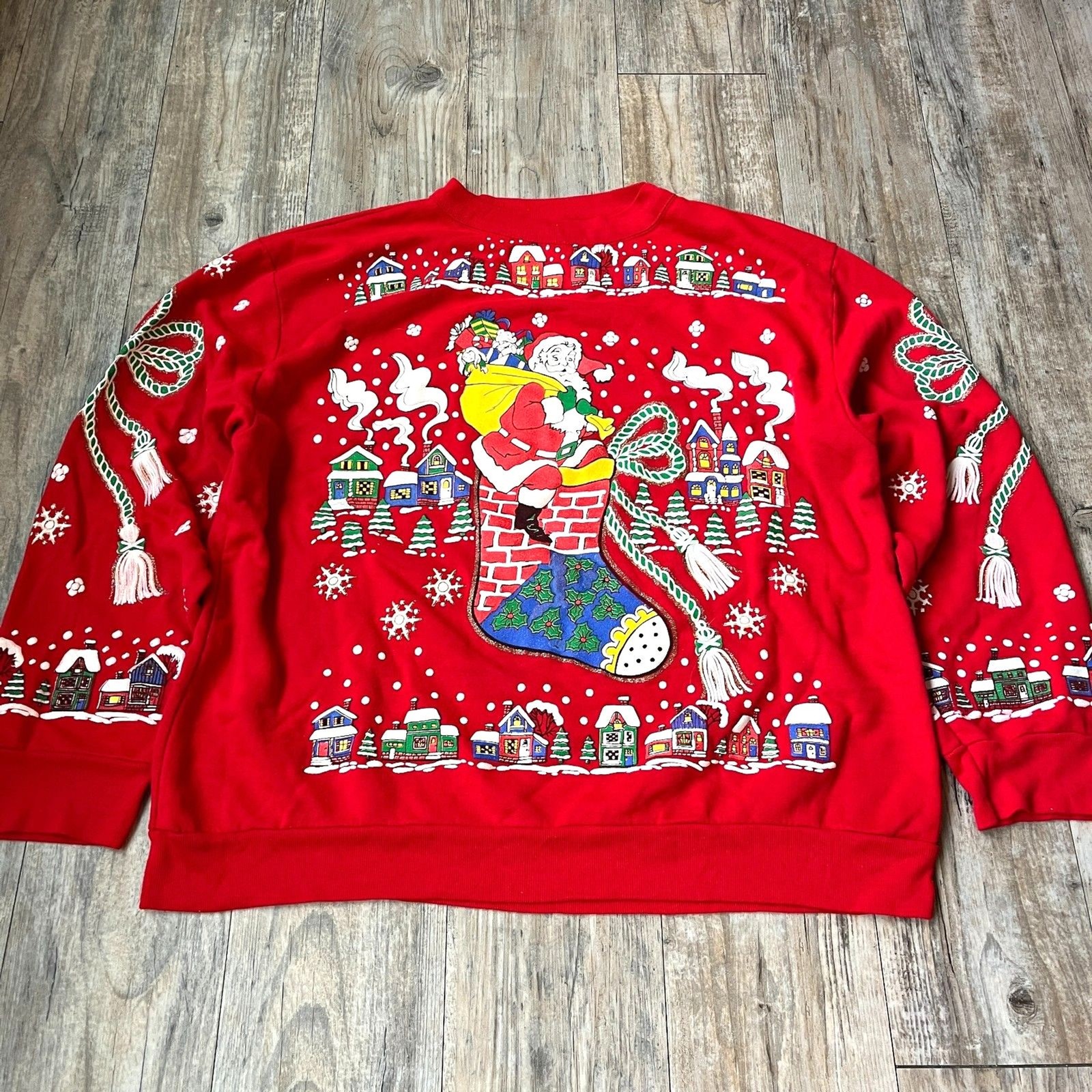 Vintage Ugly Christmas Sweater XL with Santa HOLIDAY TIME Green Red Granny