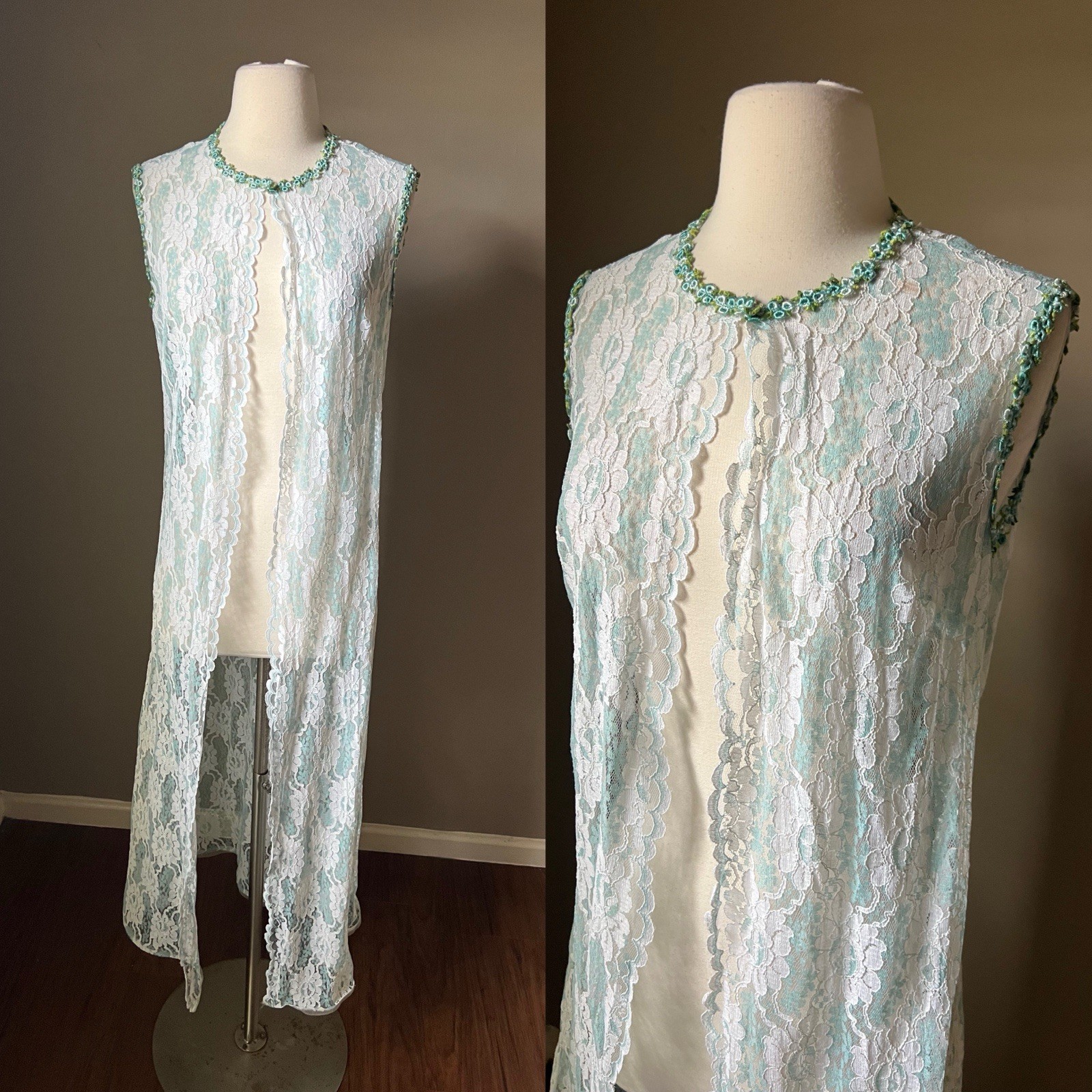 Vintage 50s 60s Nightgown Robe Duster Blue White Lace Sleeveless Sheer FLAWS