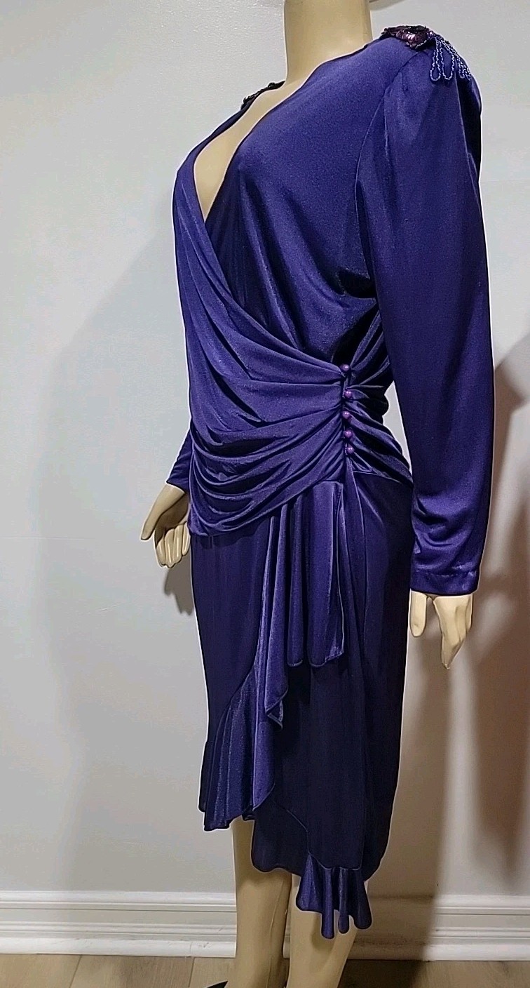 David Rose Vintage 14 Purple Wrap Ruffled Embellished Shoulder Women’s Dress #CC