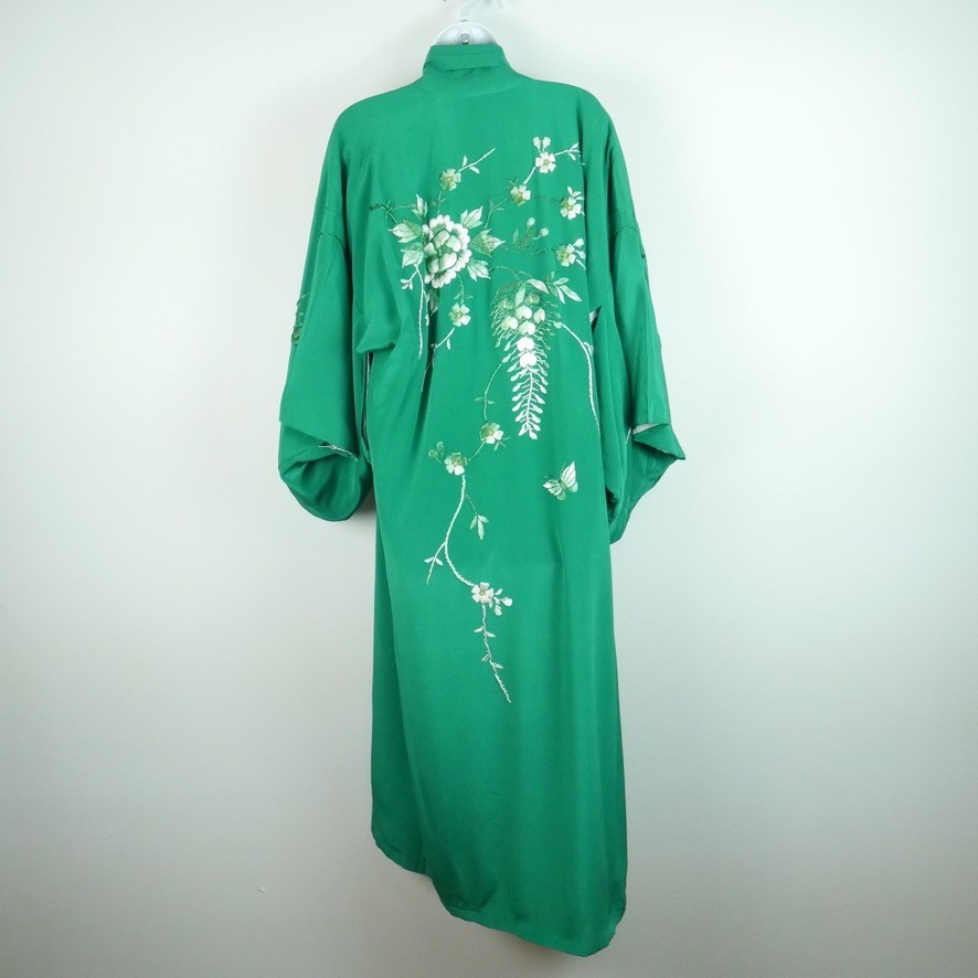Vintage 100% Silk Kimono Robe Japan Green Floral Embroidered Boho Lounge Glam