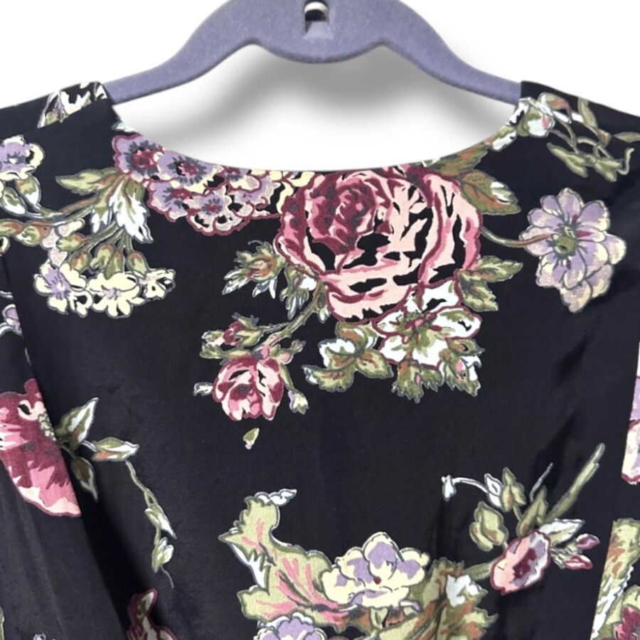 Vintage 80s/90s Kathryn Deene Black Floral Collared Midi Dress Plus Size 18