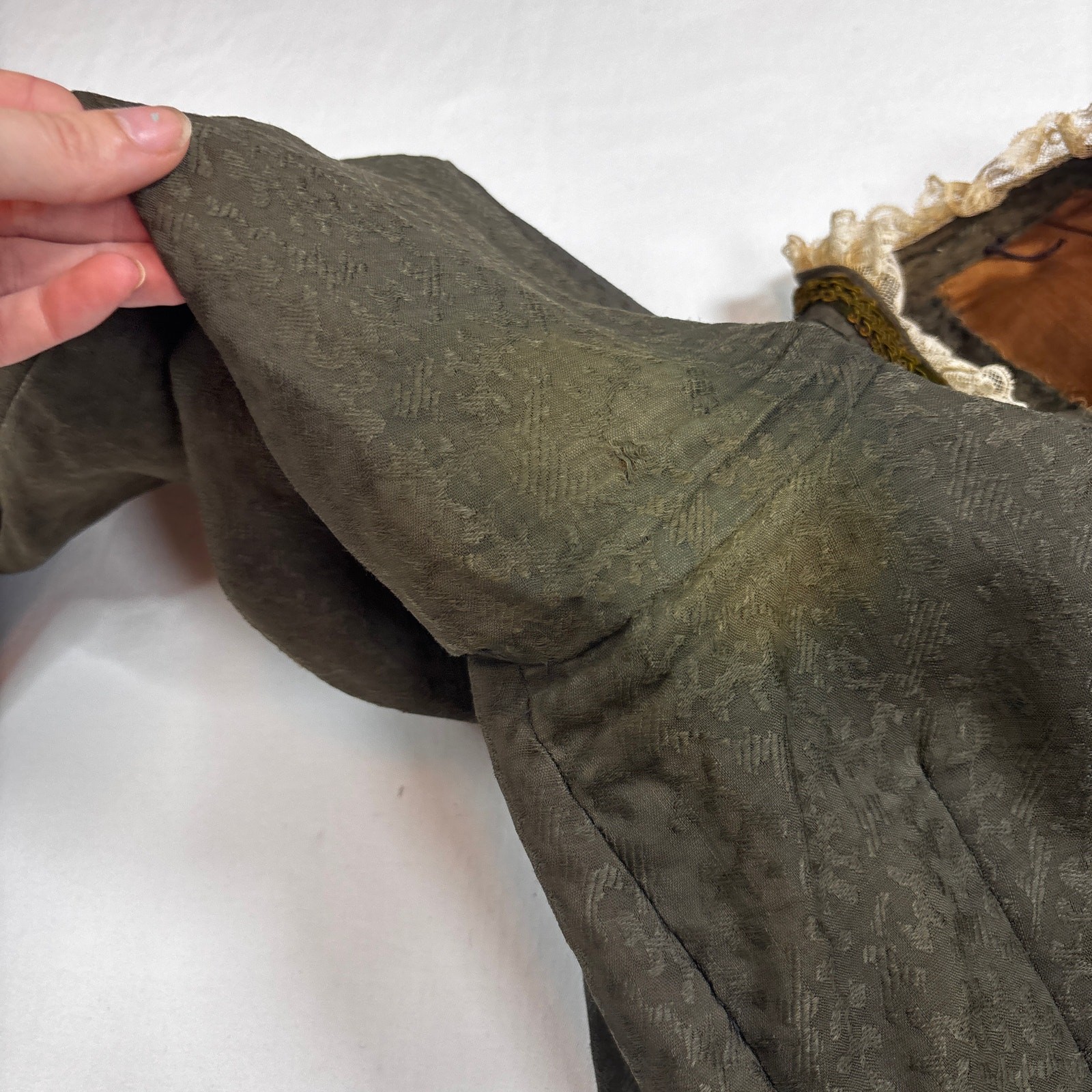Antique Edwardian Moss Green Jacquard Wool Jacket Blouse Lace Floral Buttons