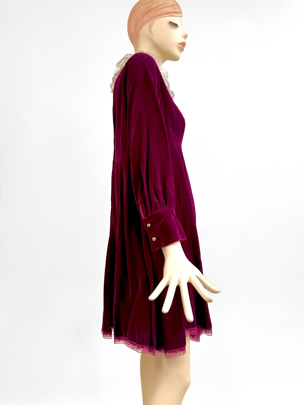 Vintage Dark Red Velvet Mini Dress Empire Lace Ruffle Long Sleeve Mod M/L