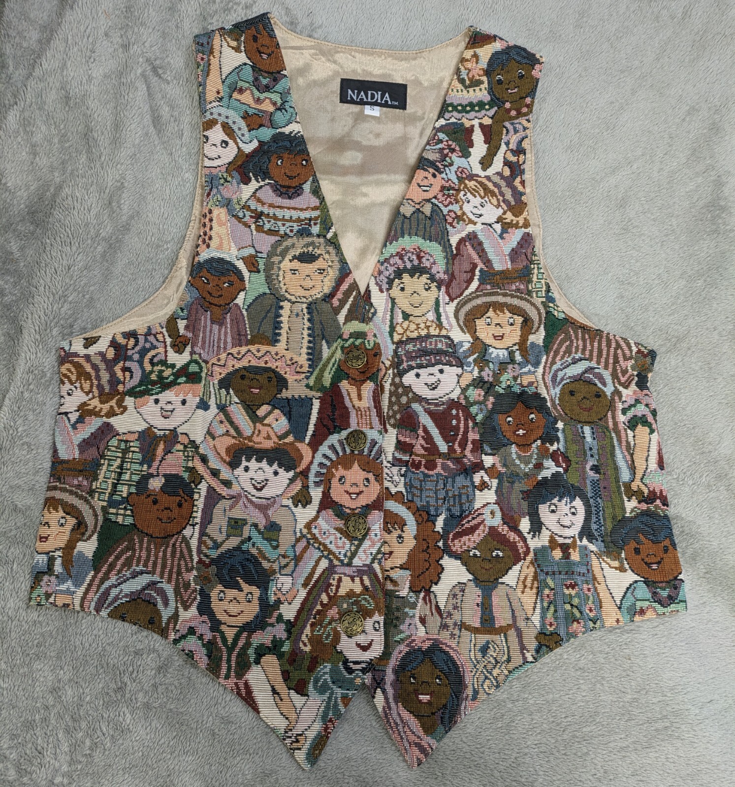 Vintage Nadia Embroidered CHILDREN Tapestry Womens SMALL Grandmacore Vest NEW v2