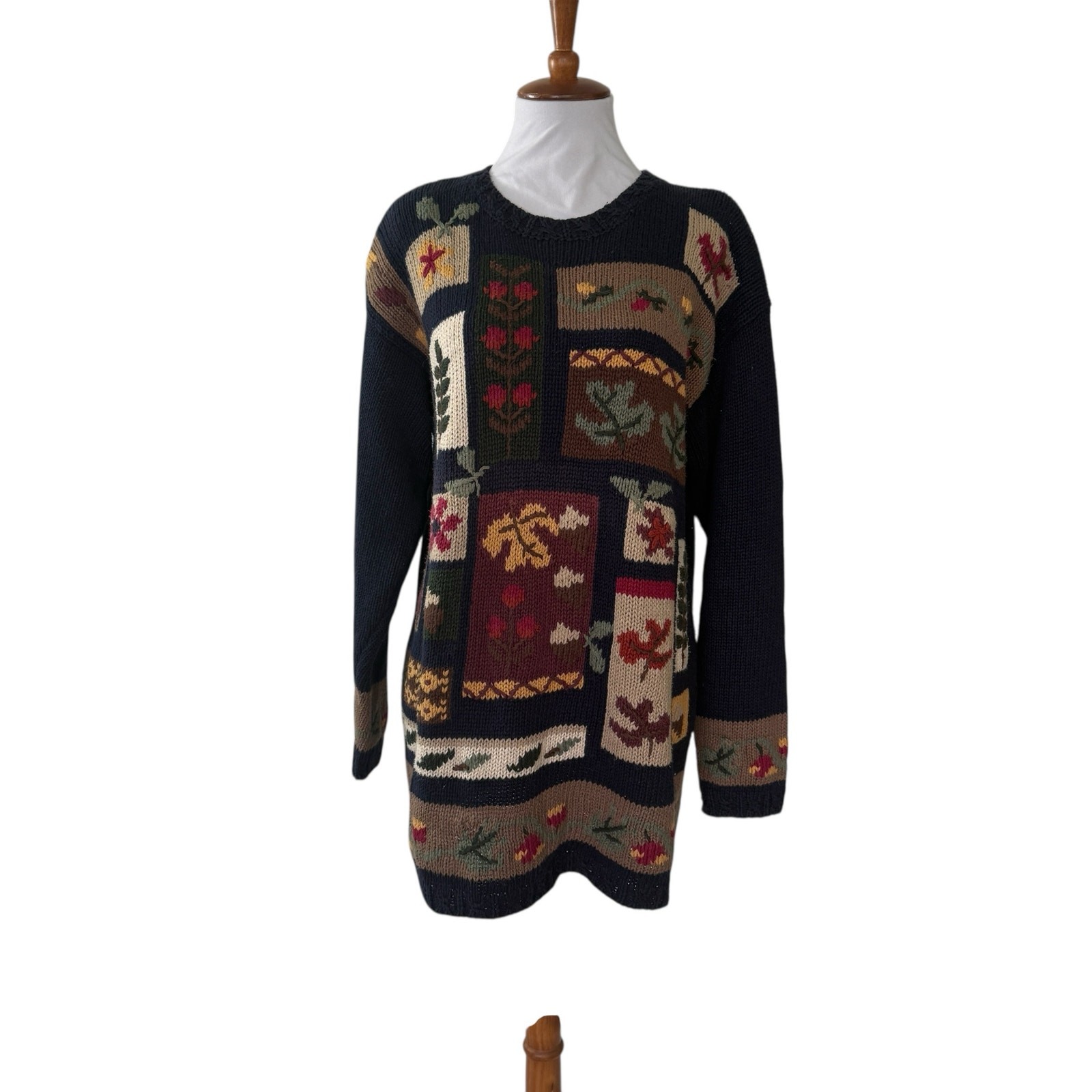 Vintage Floral Novelty Knit Floral NavyOversized Sweater M