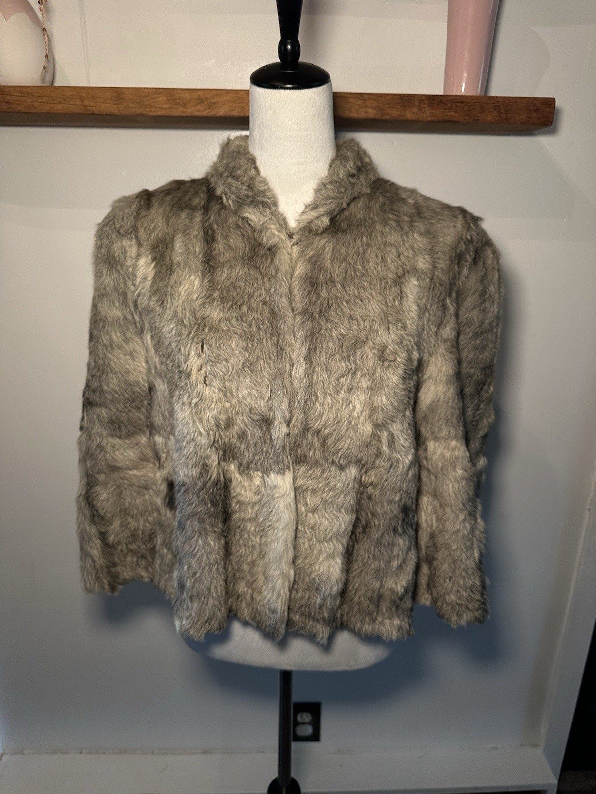 Vintage Bon Marche Rabbit Cape Stole Shawl 1950s Soft Grey Cream Poncho Buttons