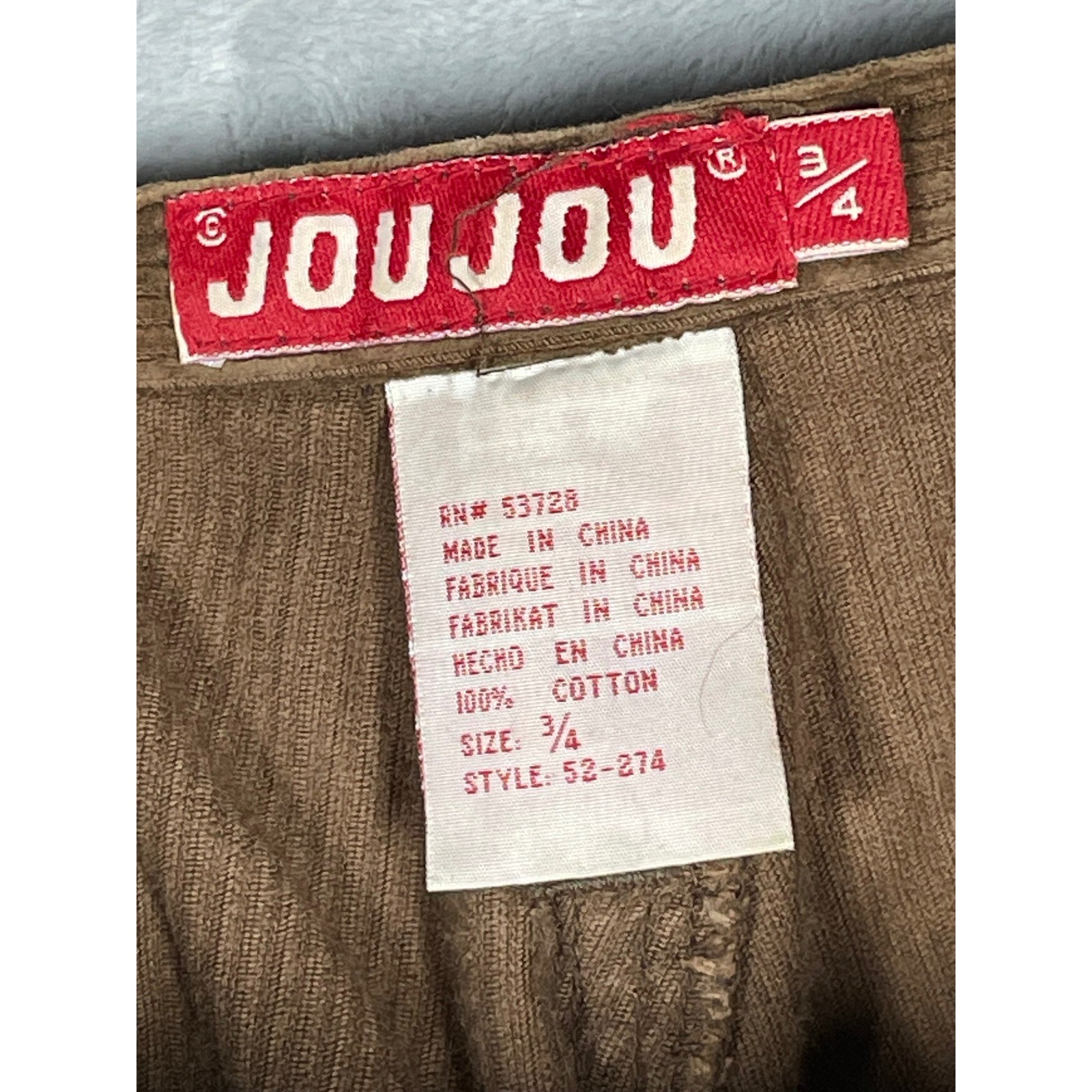 Vintage Joujou Brown Wide Wale Corduroy Button Fly Straight Leg Pants 3/4 52-274