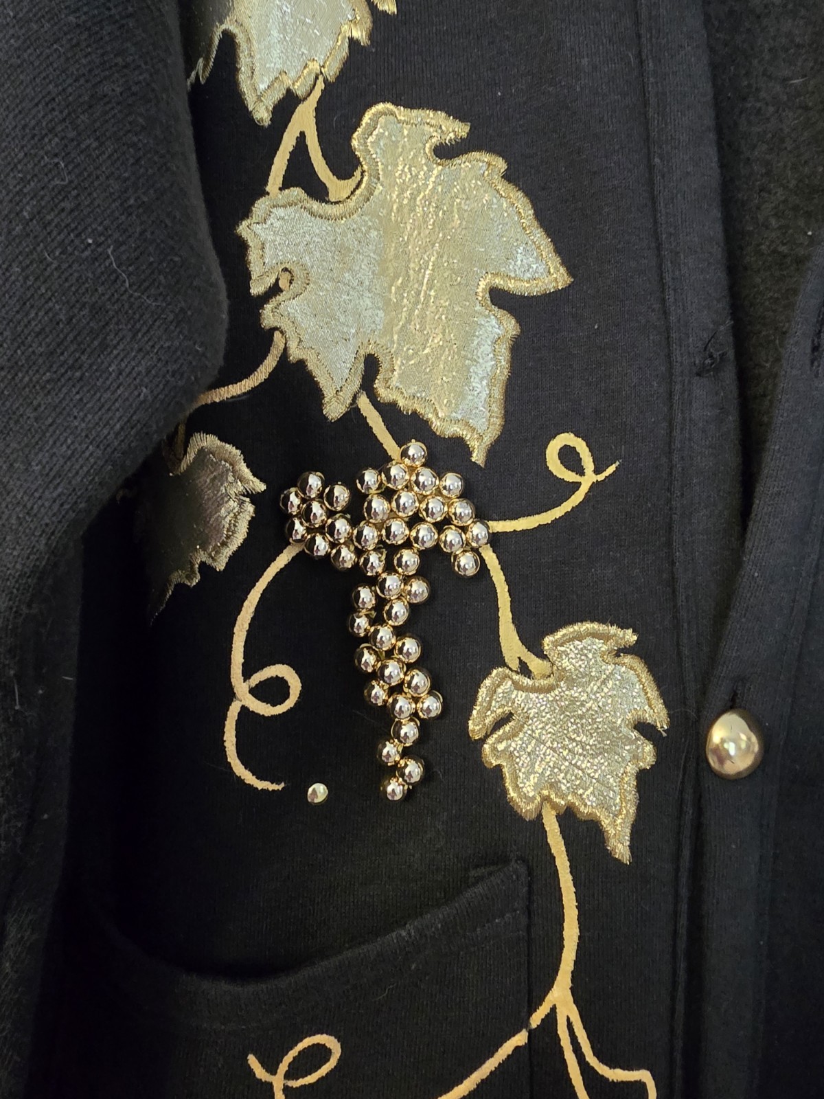 Vintage Jerzees Black Cardigan with Gold Grape Beads Pattern Signed TZC OS READ
