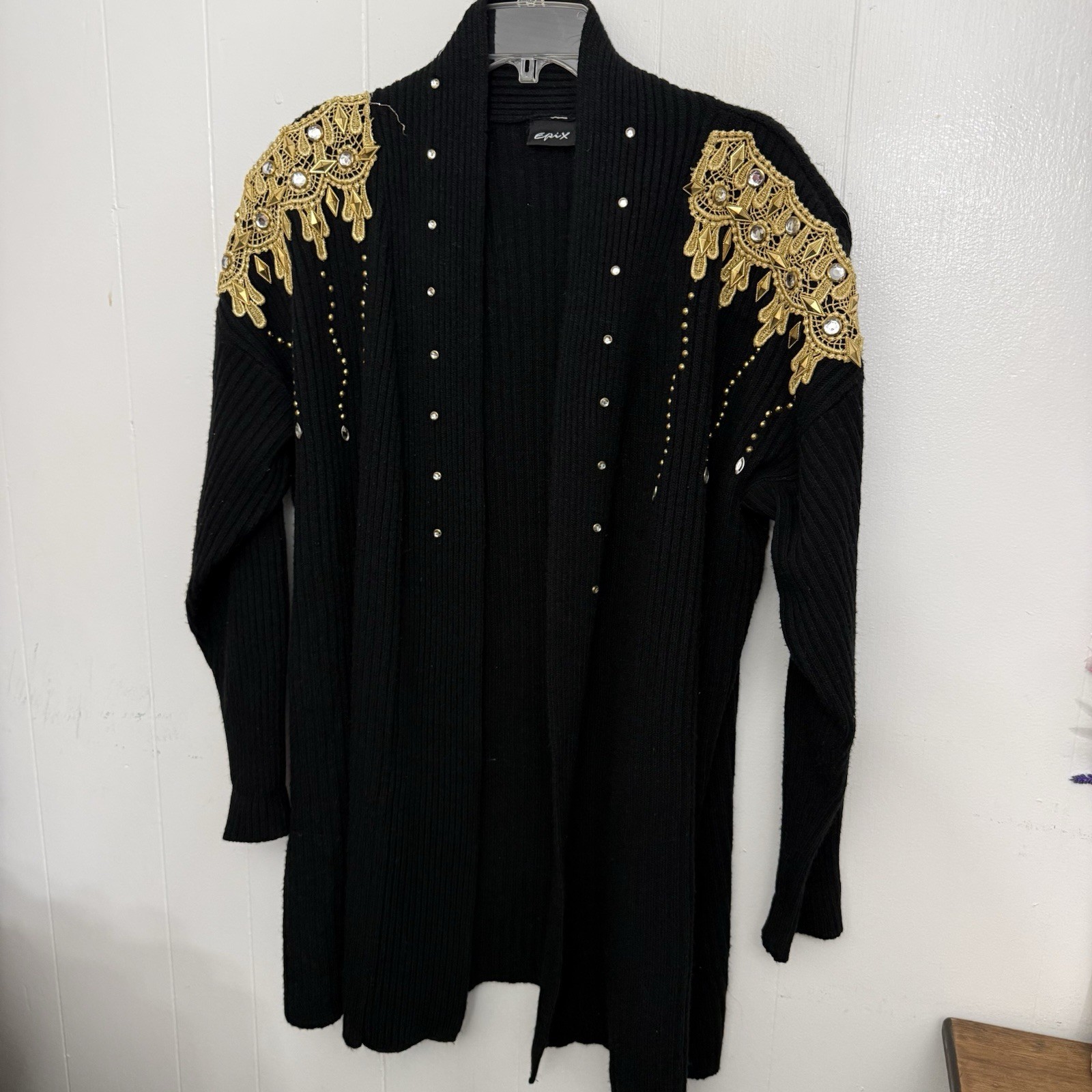 Vintage 90s Epix Black Gold Embellished Duster Cardigan Y2K Glam 1X 2X 3X