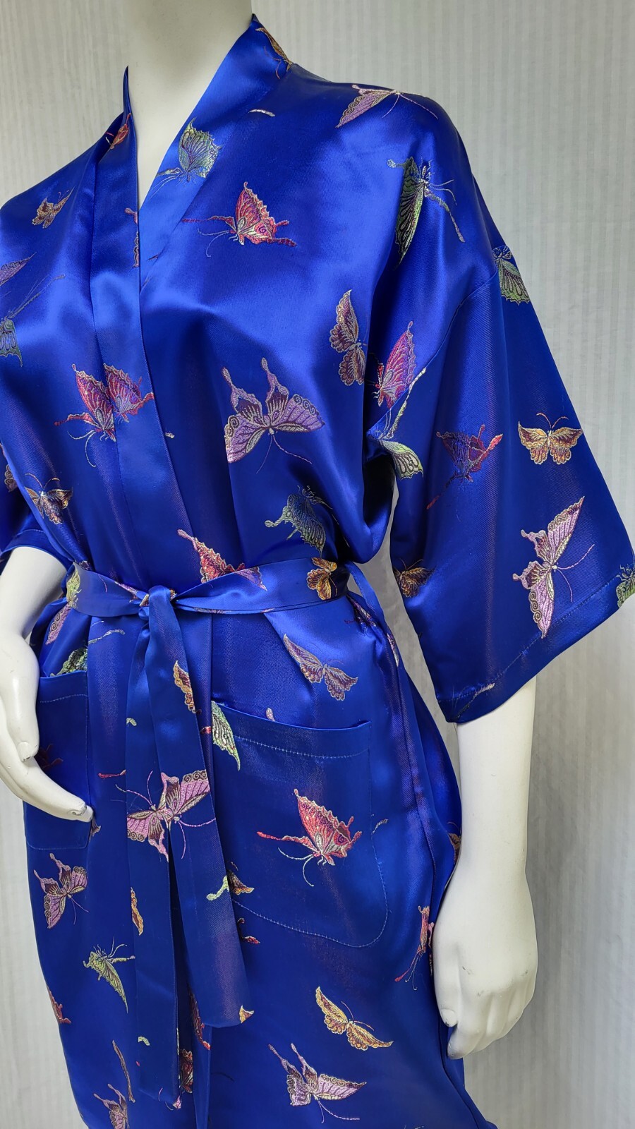 Vintage MEI GUI Blue Satin Butterfly Jacquard Japanese Silk Kimono Robe w/ Belt