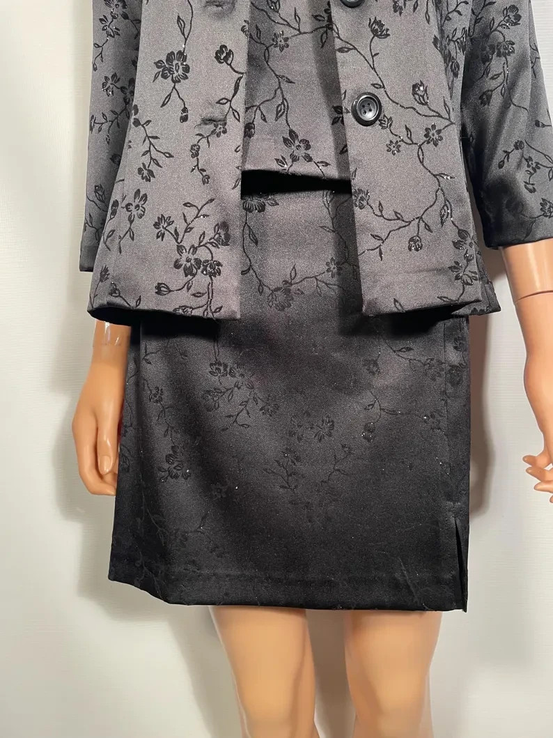 90s Black Satin 3 Piece With Flocked Velvet Glitter Floral Size 11/12 M 30/31 W