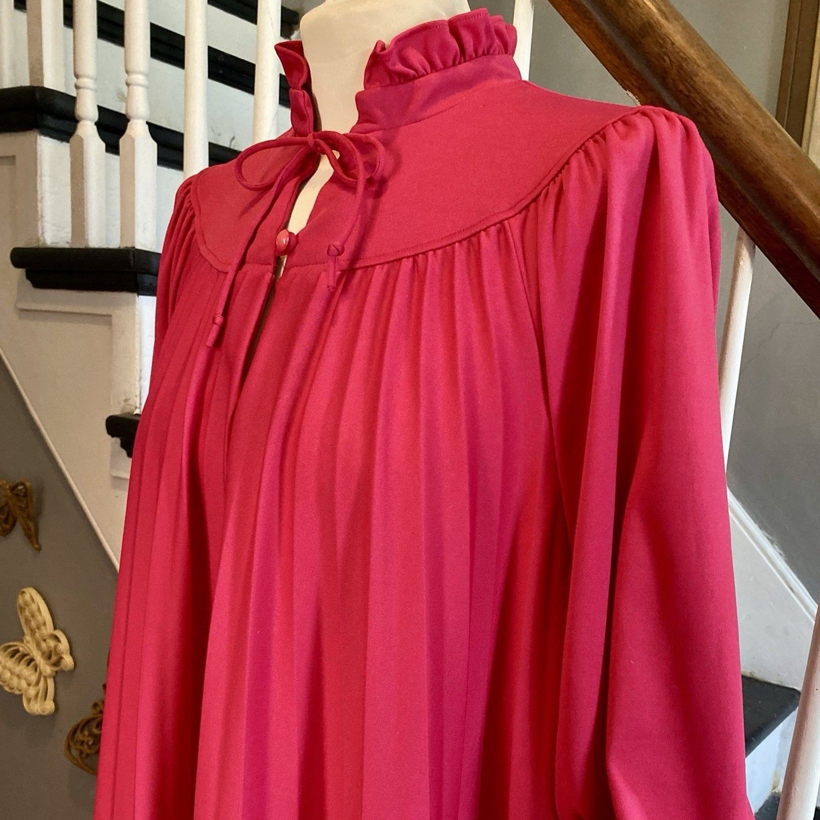 1970s 1980s Knit Lounge Trapeze Dress Hot Pink Fuchsia Pleated Tent Dress