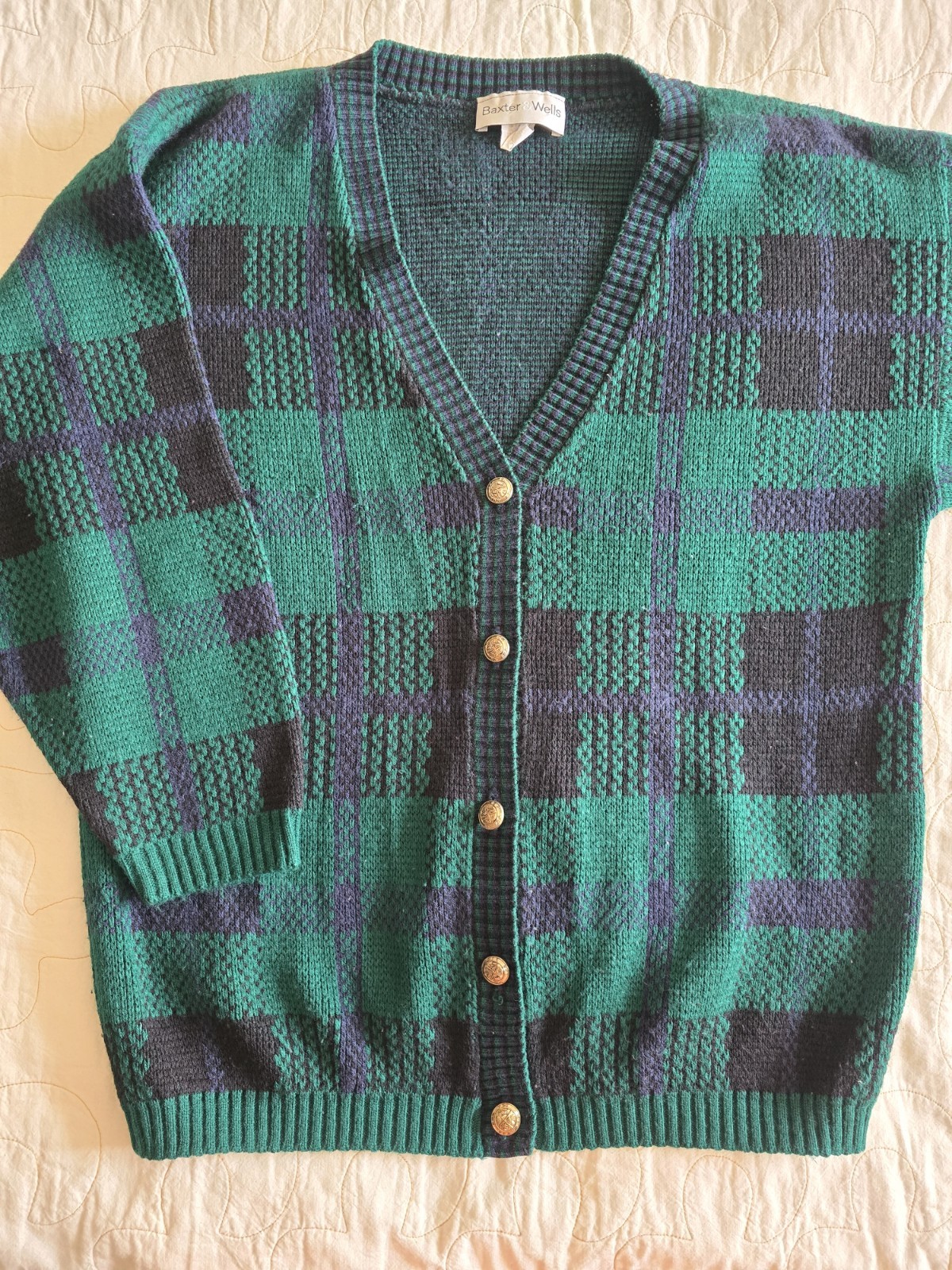 Vintage 80s 90s Baxter & Wells Cardigan Sweater. Womens Large. Green Black Plaid