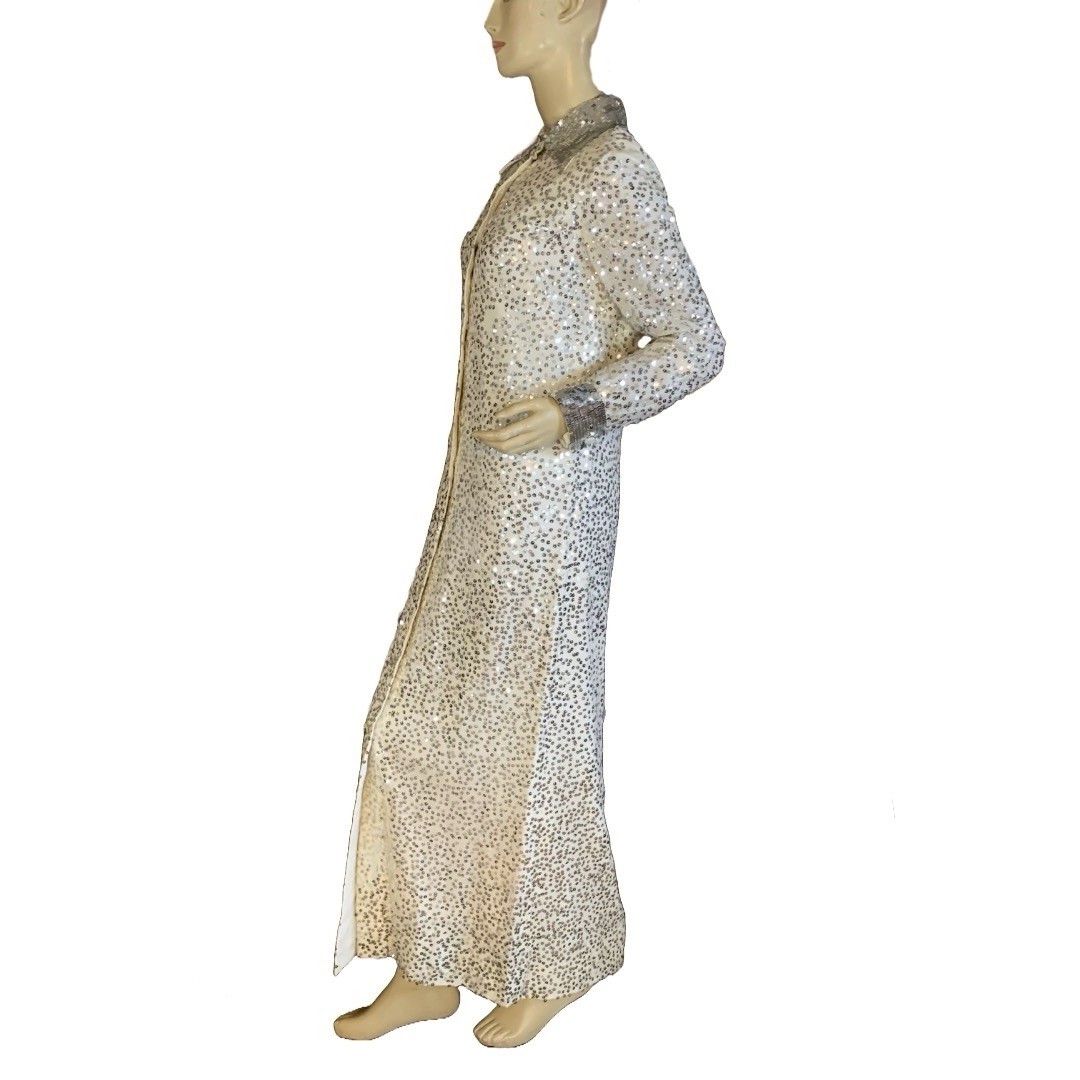 VINTAGE 1960’S CREAM & SILVER SEQUIN LONG SLEEVE PARTY DRESS SIZE SMALL
