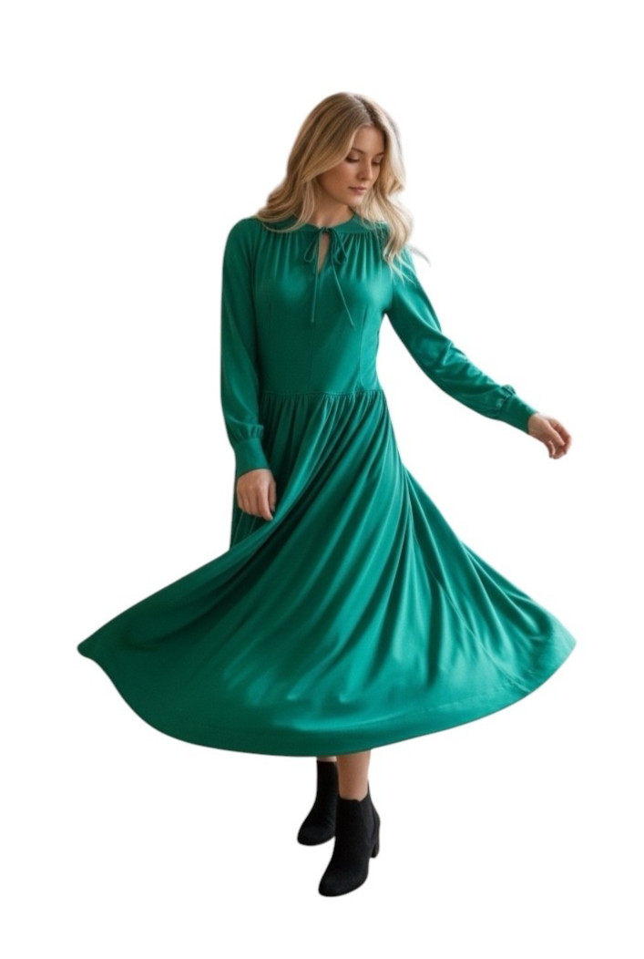 Womens Vintage 70’s Green Secretary Disco Dress Pleated Keyhole Tie Holiday M-L