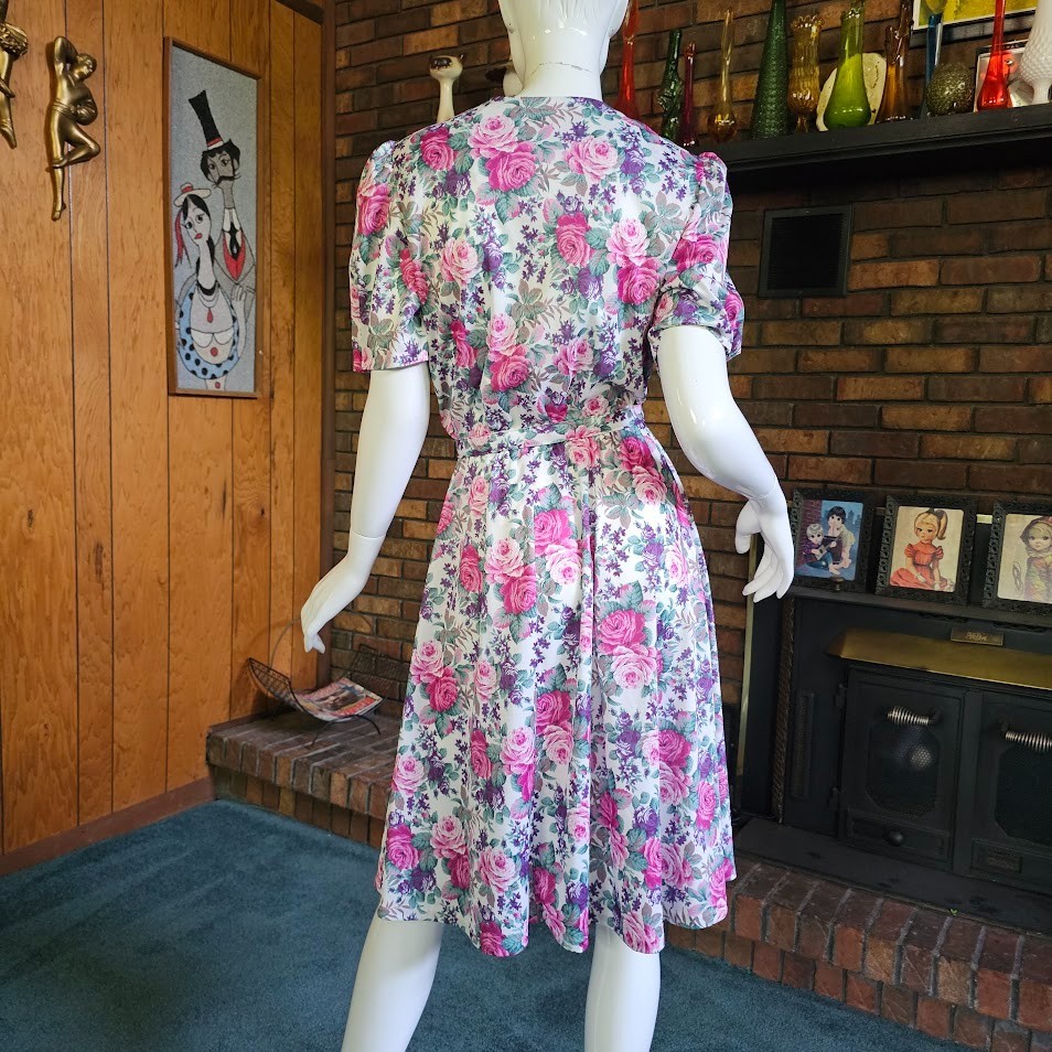 Vtg 80s Garden Party Cabbage Rose Granny Floral Belted Shirtwaist Tea Dress PM/L